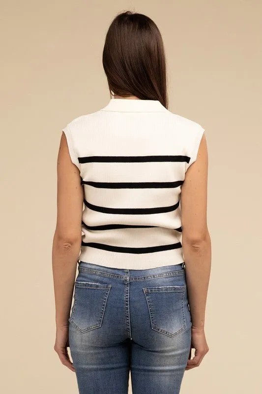 Striped Sleeveless Polo Top