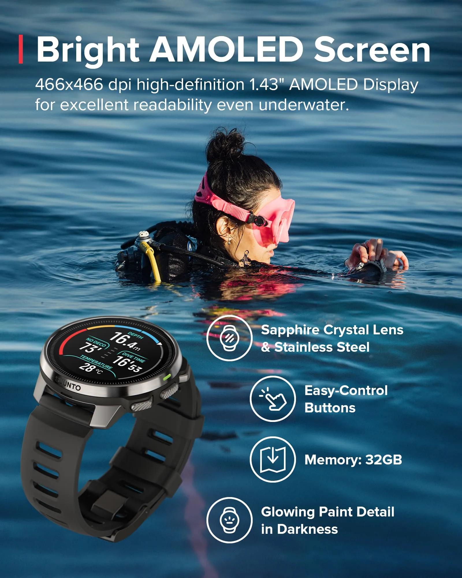 SUUNTO Ocean Dive Computer, GPS Multisport Watch for Training, Underwater Route Tracking & Wireless Tank Pressure Monitor, AMOLED Touchscreen, Dualband GNSS, Offline Map, 26D Battery Life