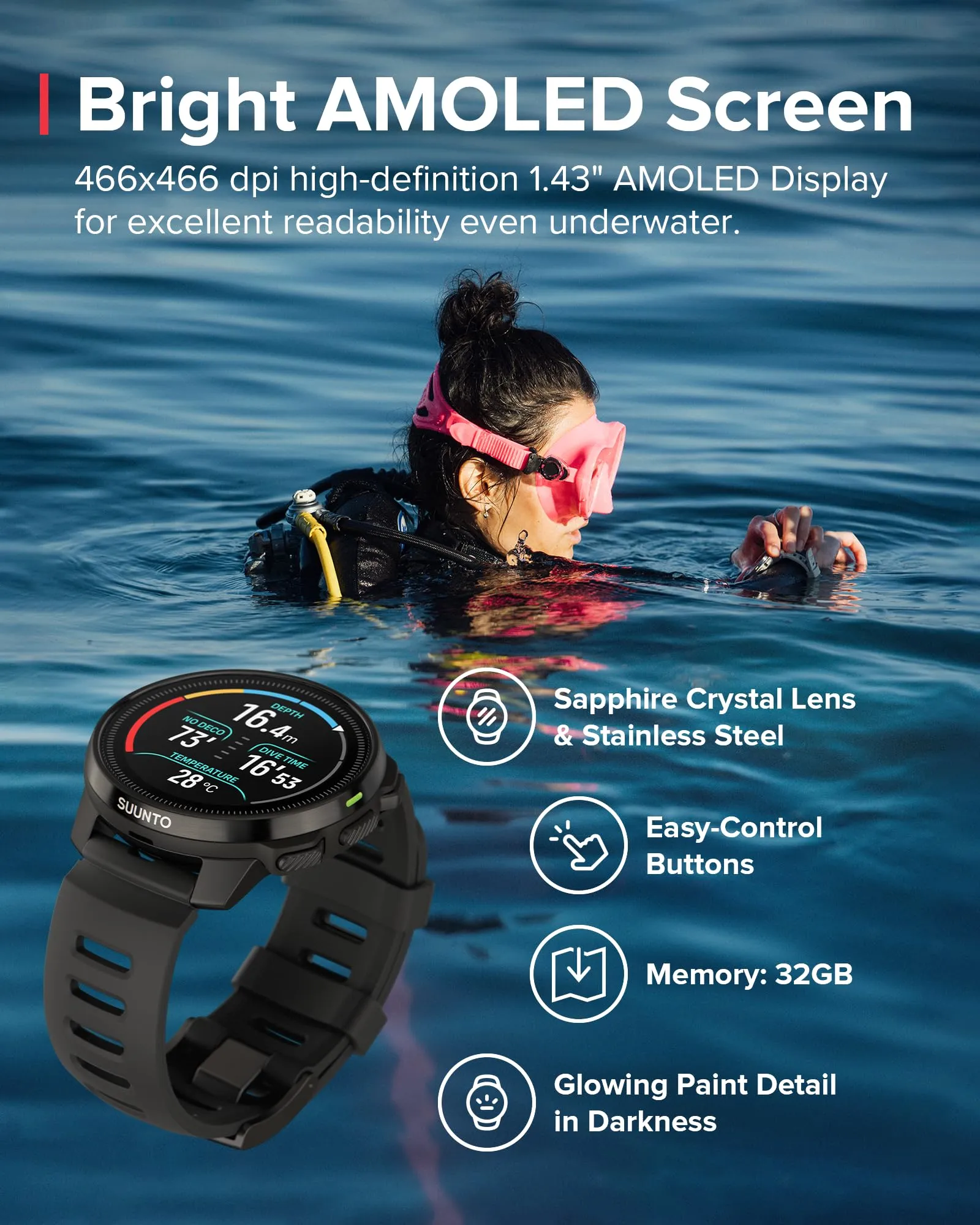 SUUNTO Ocean Dive Computer, GPS Multisport Watch for Training, Underwater Route Tracking & Wireless Tank Pressure Monitor, AMOLED Touchscreen, Dualband GNSS, Offline Map, 26D Battery Life