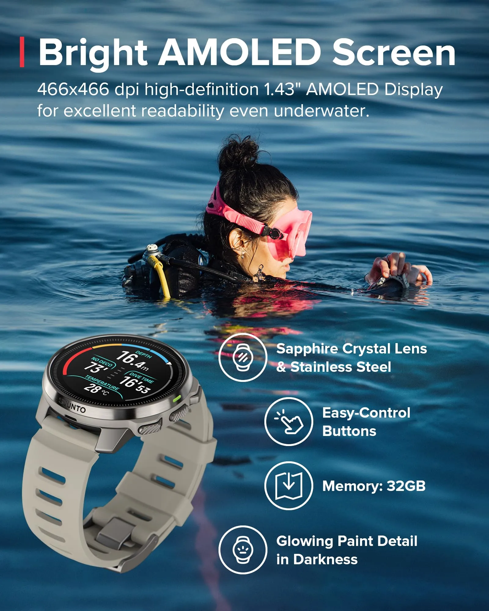 SUUNTO Ocean Dive Computer, GPS Multisport Watch for Training, Underwater Route Tracking & Wireless Tank Pressure Monitor, AMOLED Touchscreen, Dualband GNSS, Offline Map, 26D Battery Life