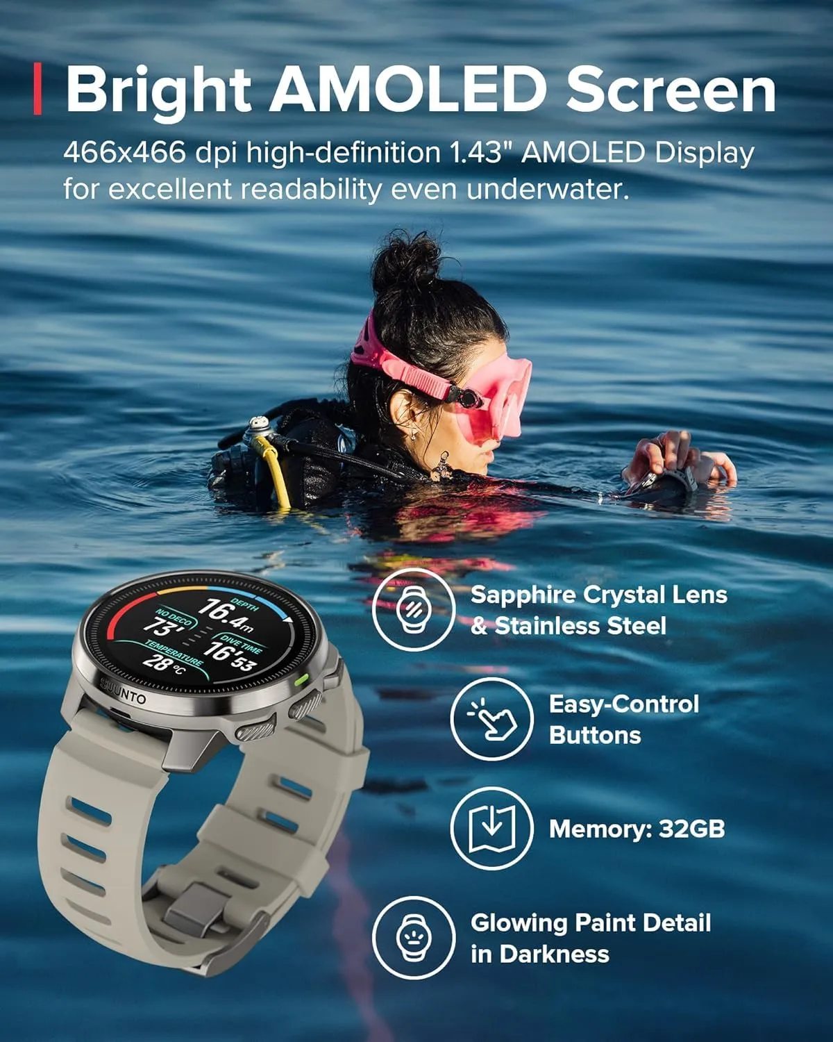 SUUNTO Ocean Dive Computer, GPS Multisport Watch for Training, Underwater Route Tracking & Wireless Tank Pressure Monitor, AMOLED Touchscreen, Dualband GNSS, Offline Map, 26D Battery Life