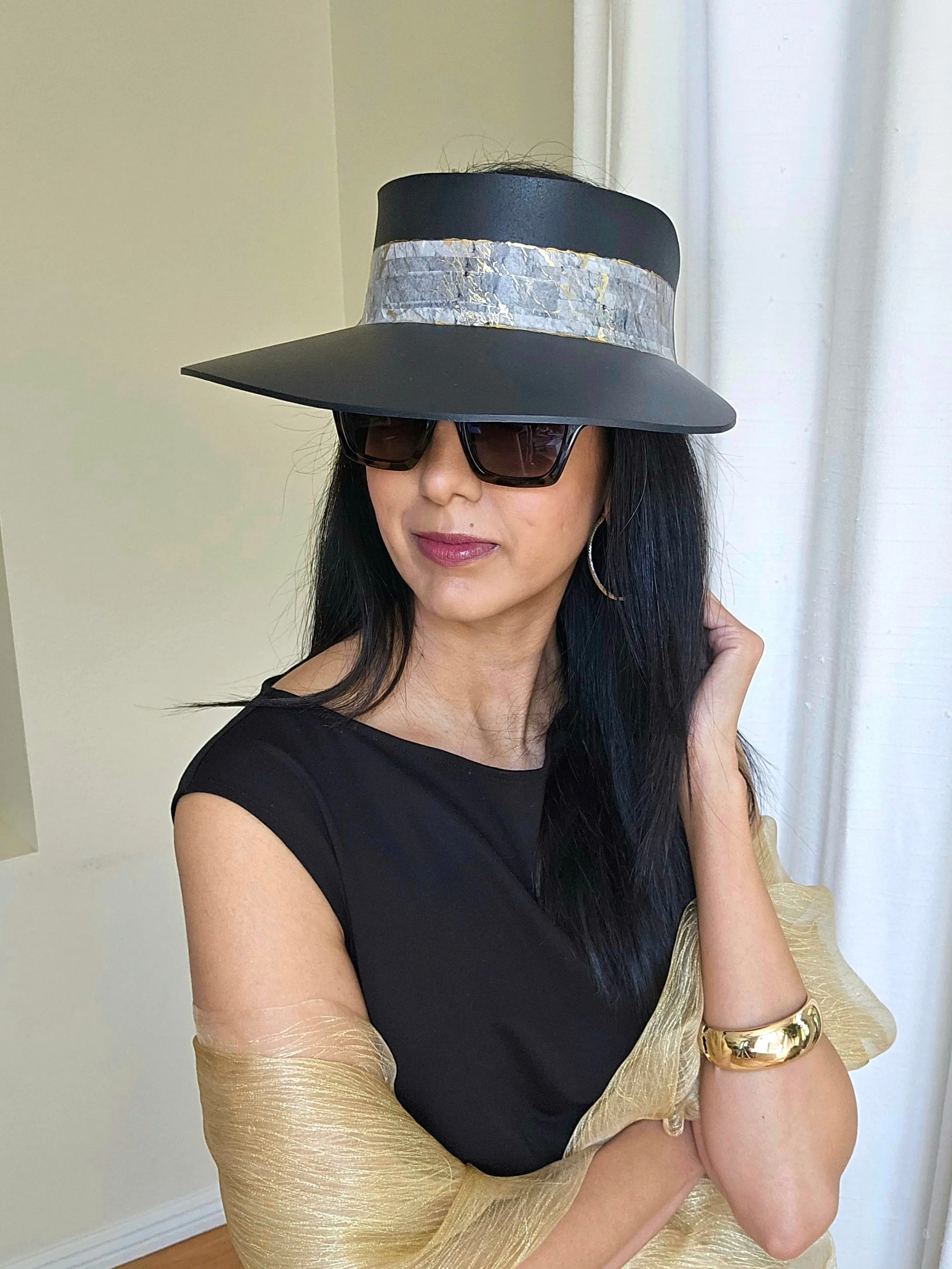 Tall Black "LadyEVA" Visor Hat with Golden Marbled Band