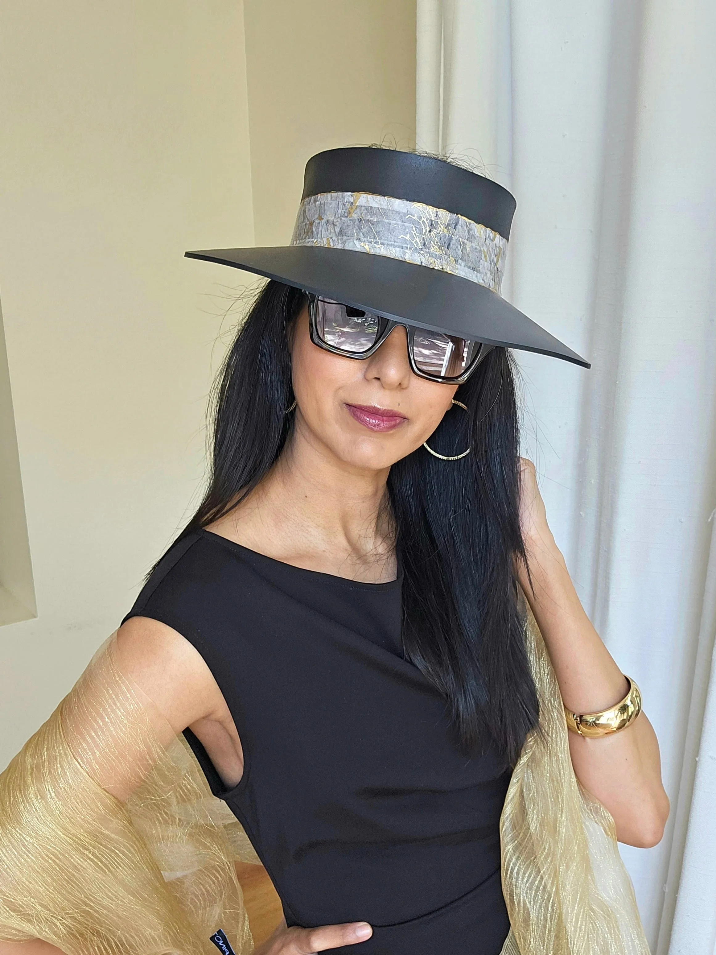 Tall Black "LadyEVA" Visor Hat with Golden Marbled Band