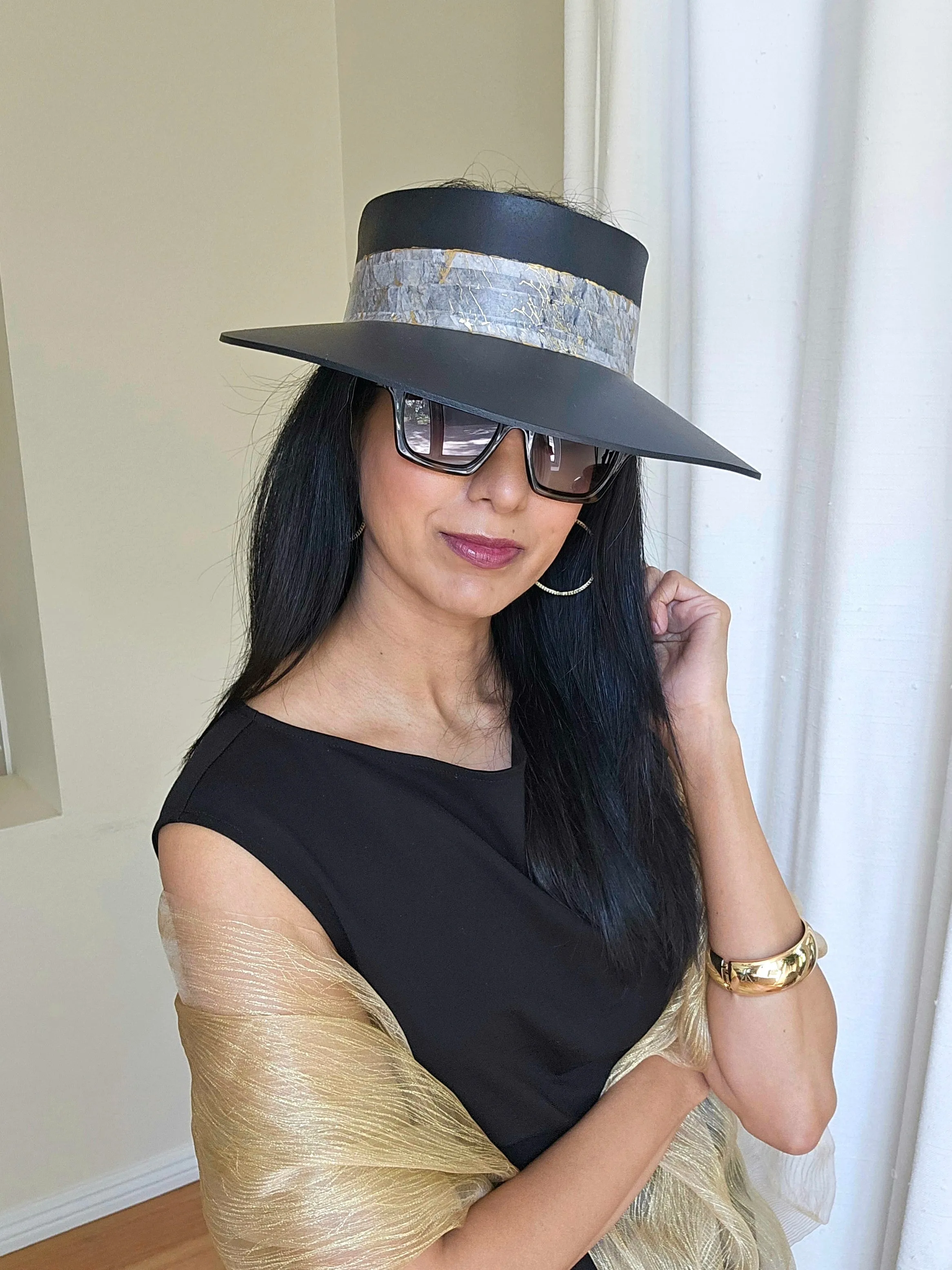 Tall Black "LadyEVA" Visor Hat with Golden Marbled Band