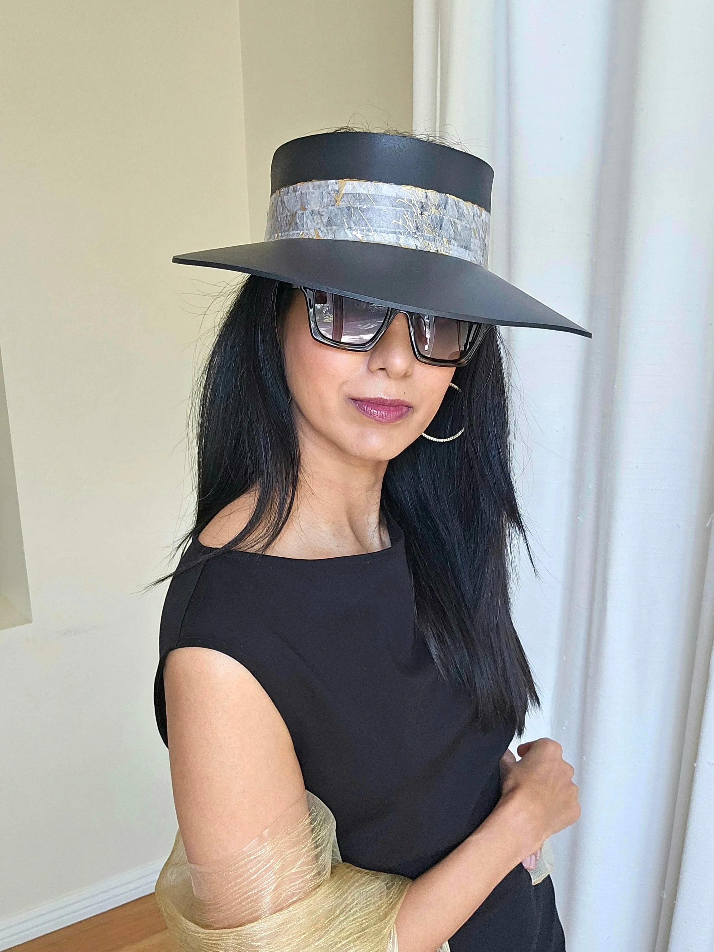 Tall Black "LadyEVA" Visor Hat with Golden Marbled Band