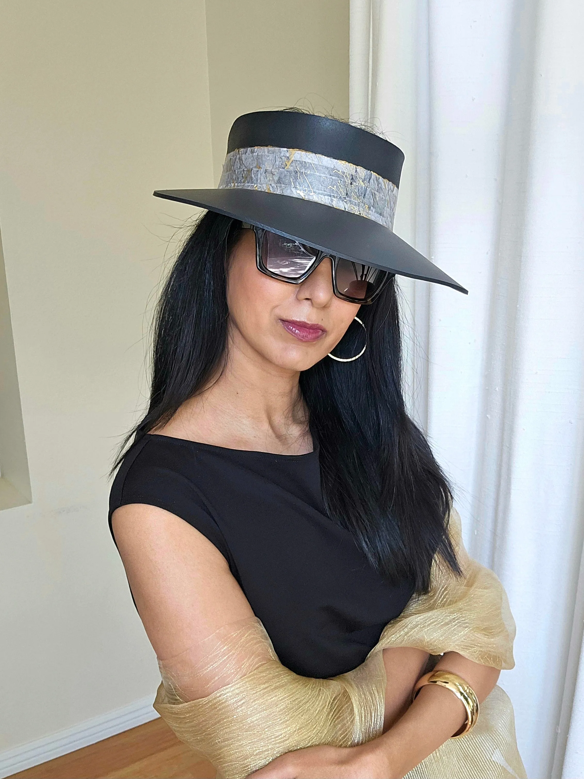 Tall Black "LadyEVA" Visor Hat with Golden Marbled Band