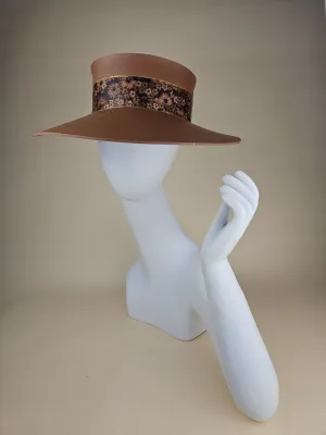 Tall Brown "LadyEVA" Visor Hat with Brown Floral Band and Gold Paint Splatter Effect