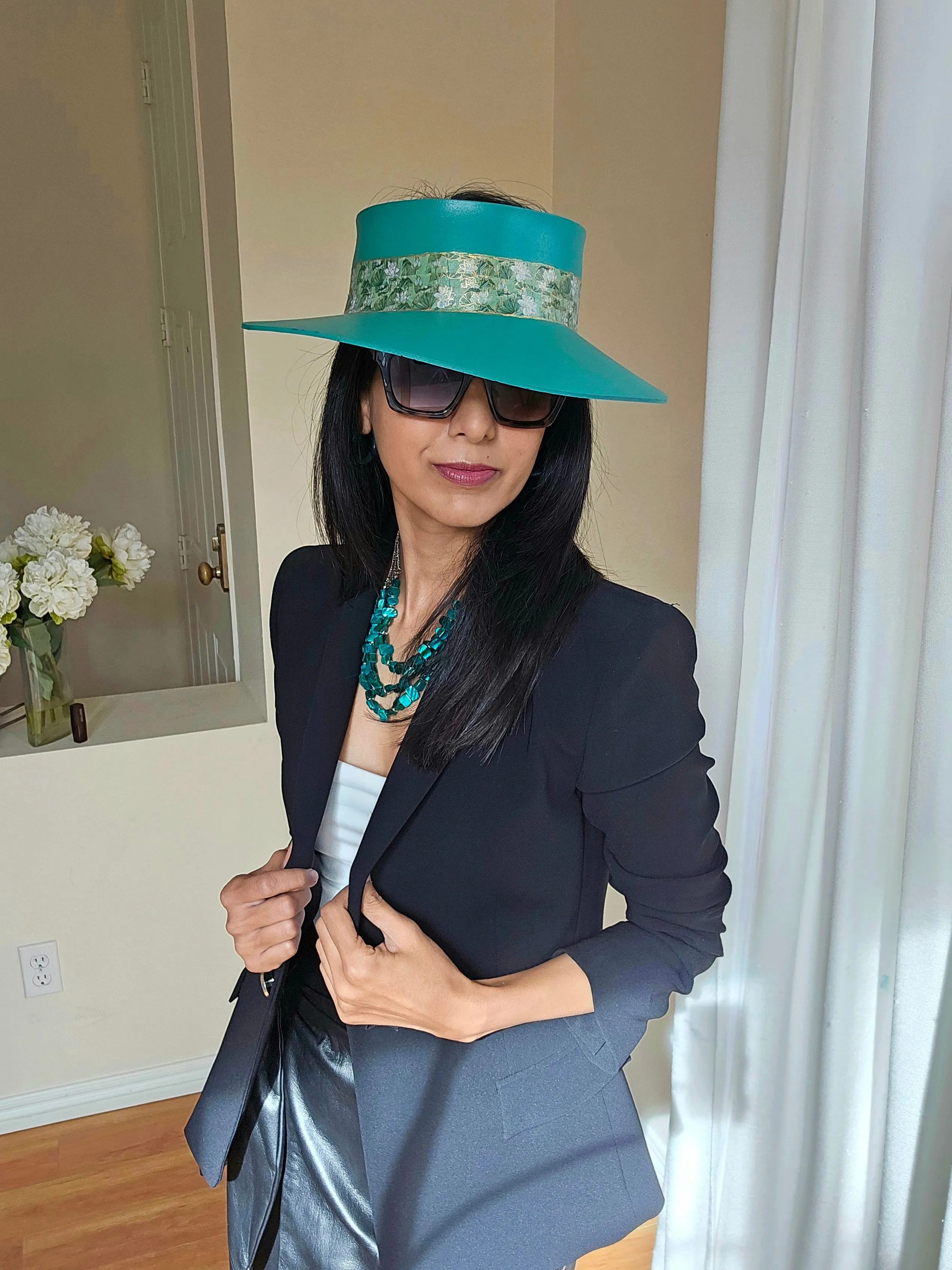 Tall Emerald Green "LadyEVA" Visor Hat with Green Floral Band