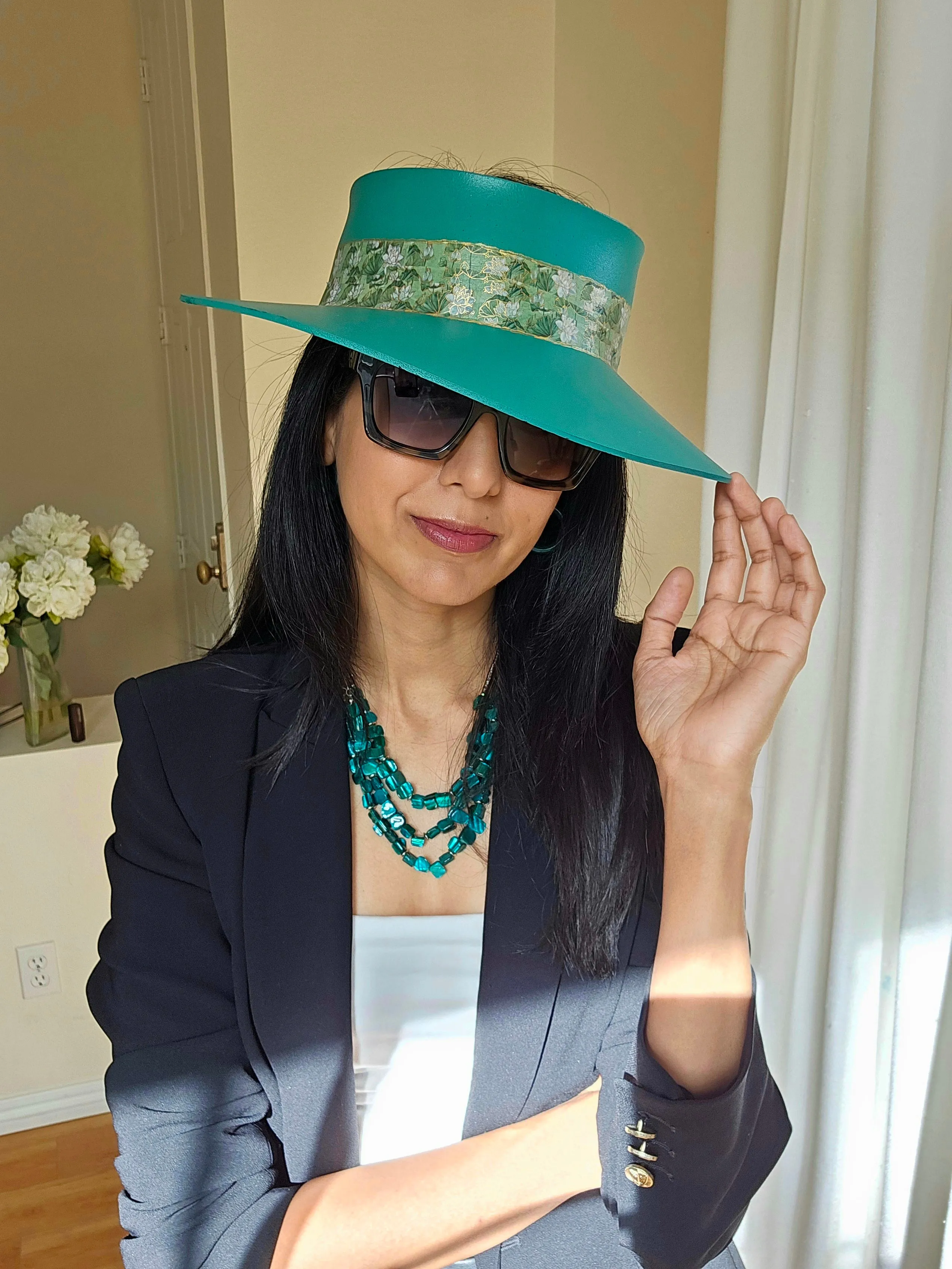 Tall Emerald Green "LadyEVA" Visor Hat with Green Floral Band