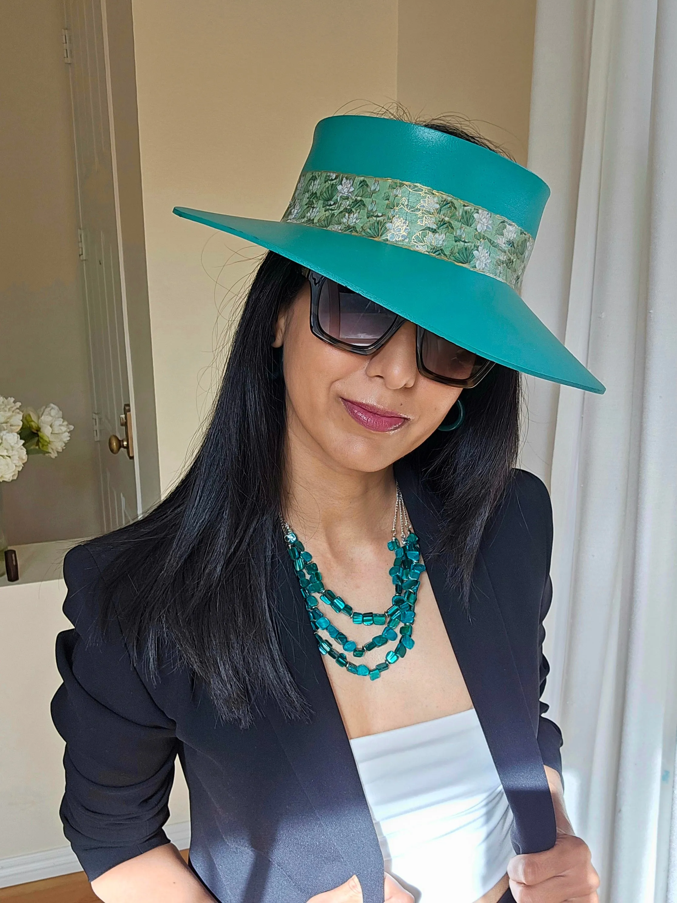 Tall Emerald Green "LadyEVA" Visor Hat with Green Floral Band