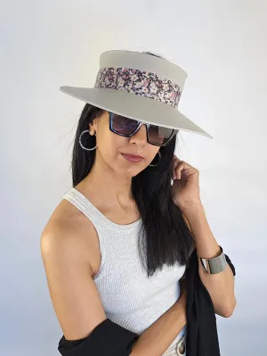 Tall Gray Beige "LadyEVA" Visor Hat with Dark Floral Band and Silver Paint Splatter Effect