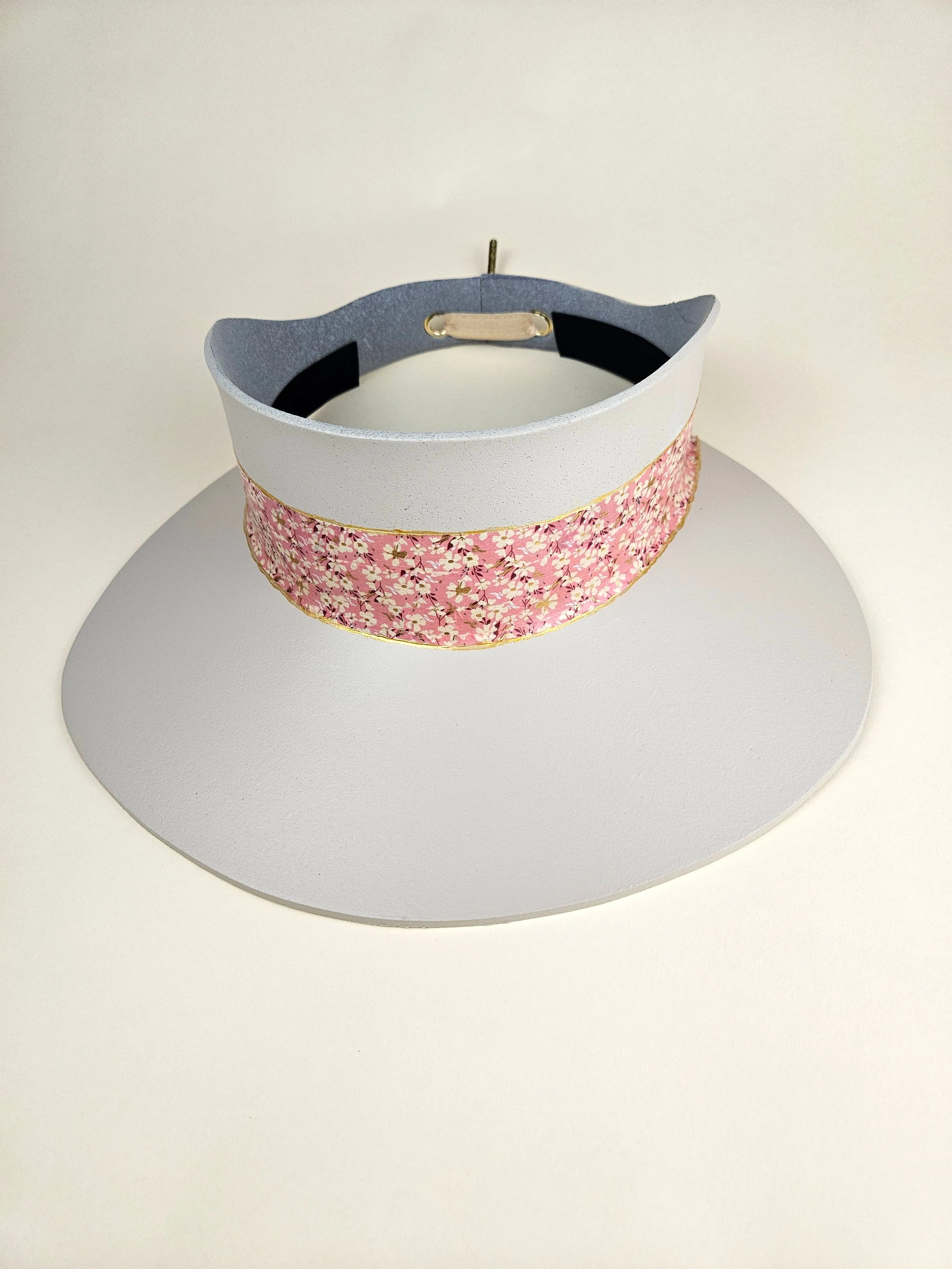 Tall Gray Beige "LadyEVA" Visor Hat with Pink, Floral Band