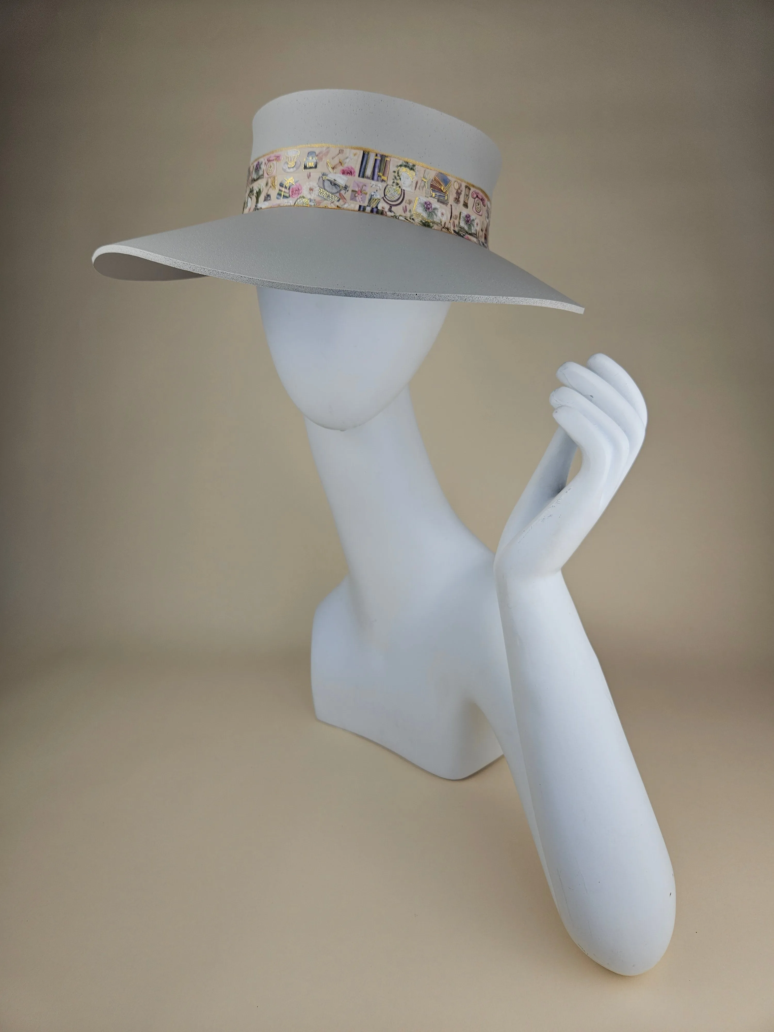 Tall Gray "LadyEVA" Visor Hat with Tea Party Themed Band