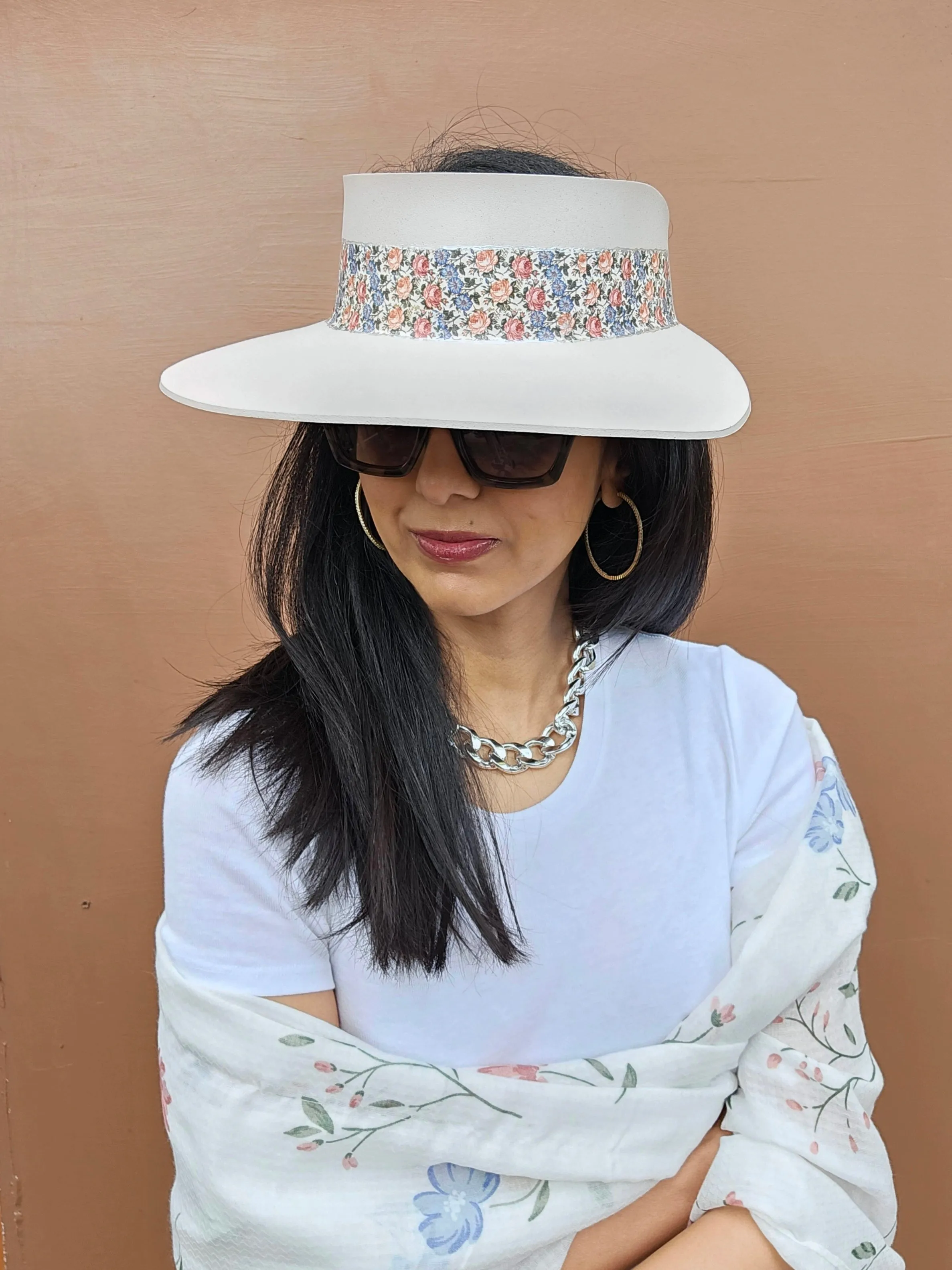 Tall Light Pink "LadyEVA" Visor Hat with Pink and Blue Floral Band