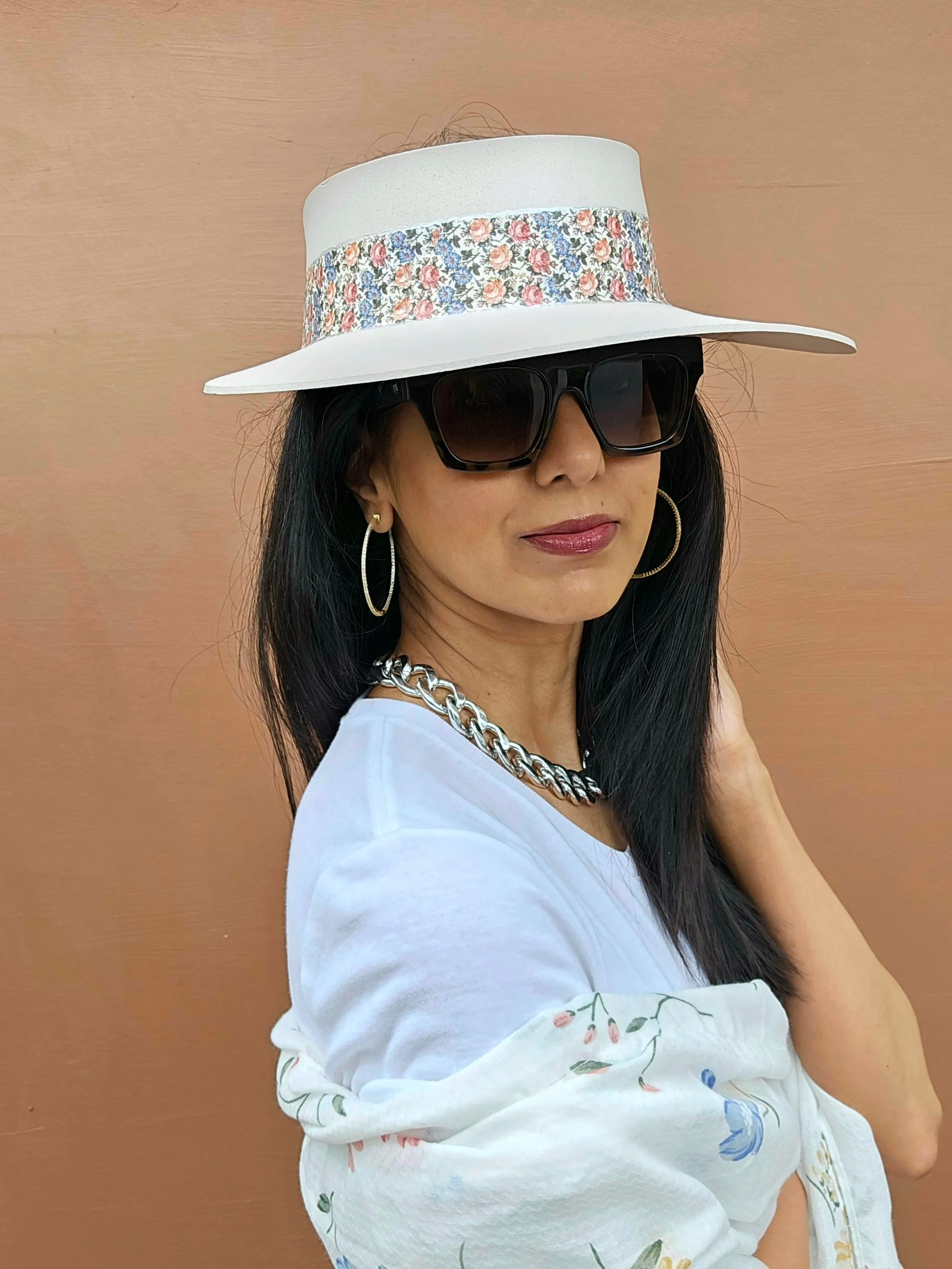 Tall Light Pink "LadyEVA" Visor Hat with Pink and Blue Floral Band