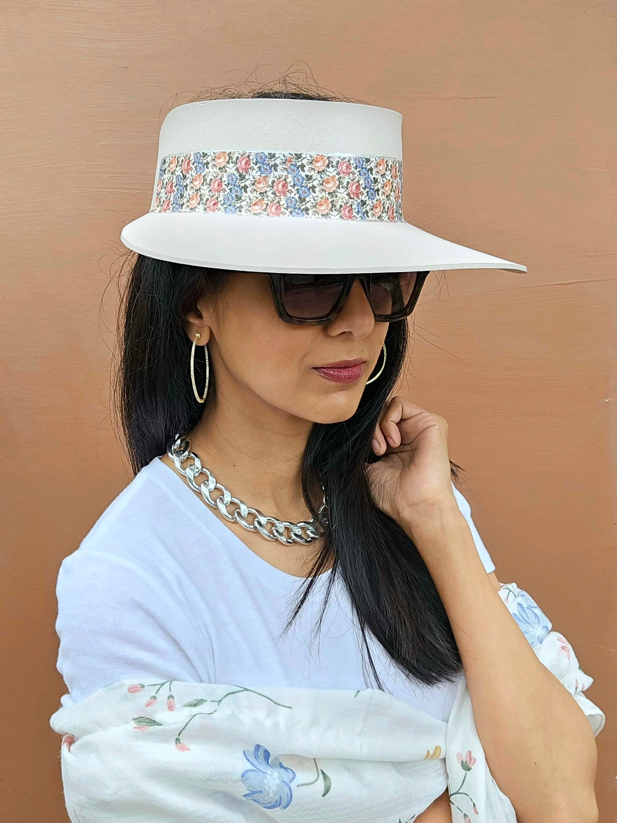 Tall Light Pink "LadyEVA" Visor Hat with Pink and Blue Floral Band