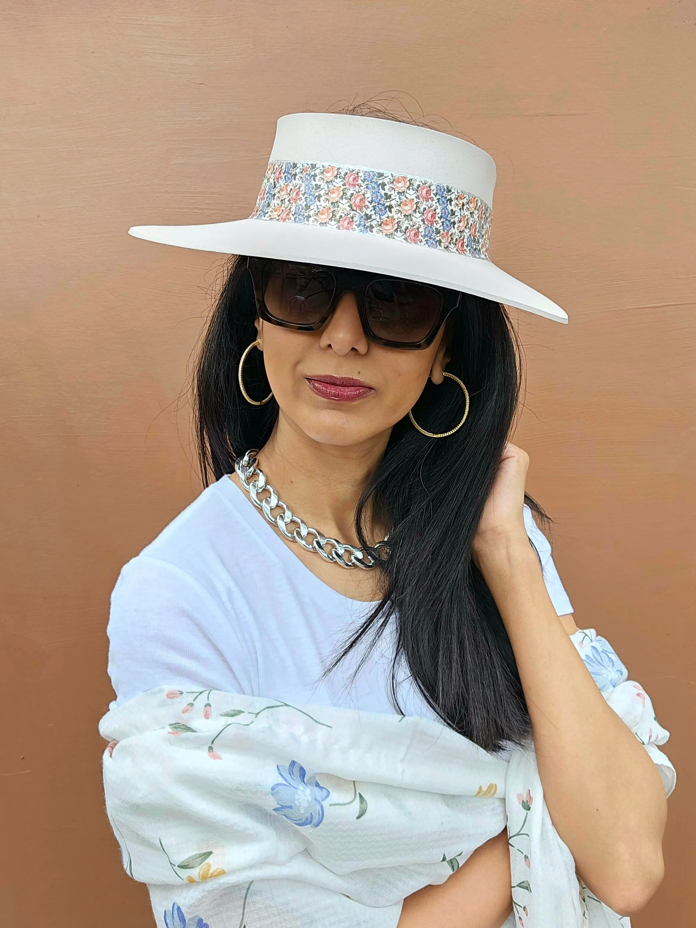 Tall Light Pink "LadyEVA" Visor Hat with Pink and Blue Floral Band