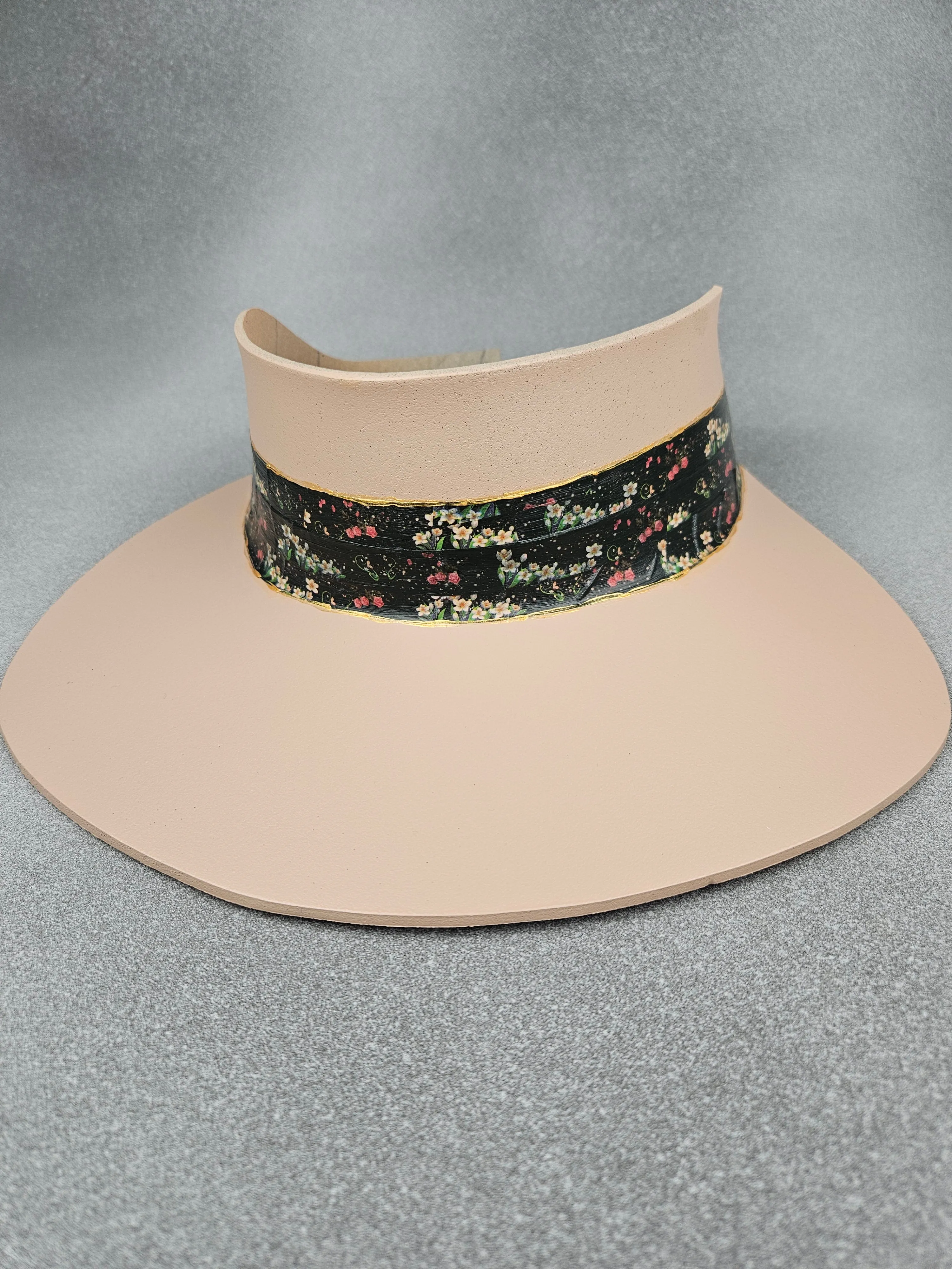 Tall Peachy Beige "LadyEVA" Visor Hat with Black Floral Band