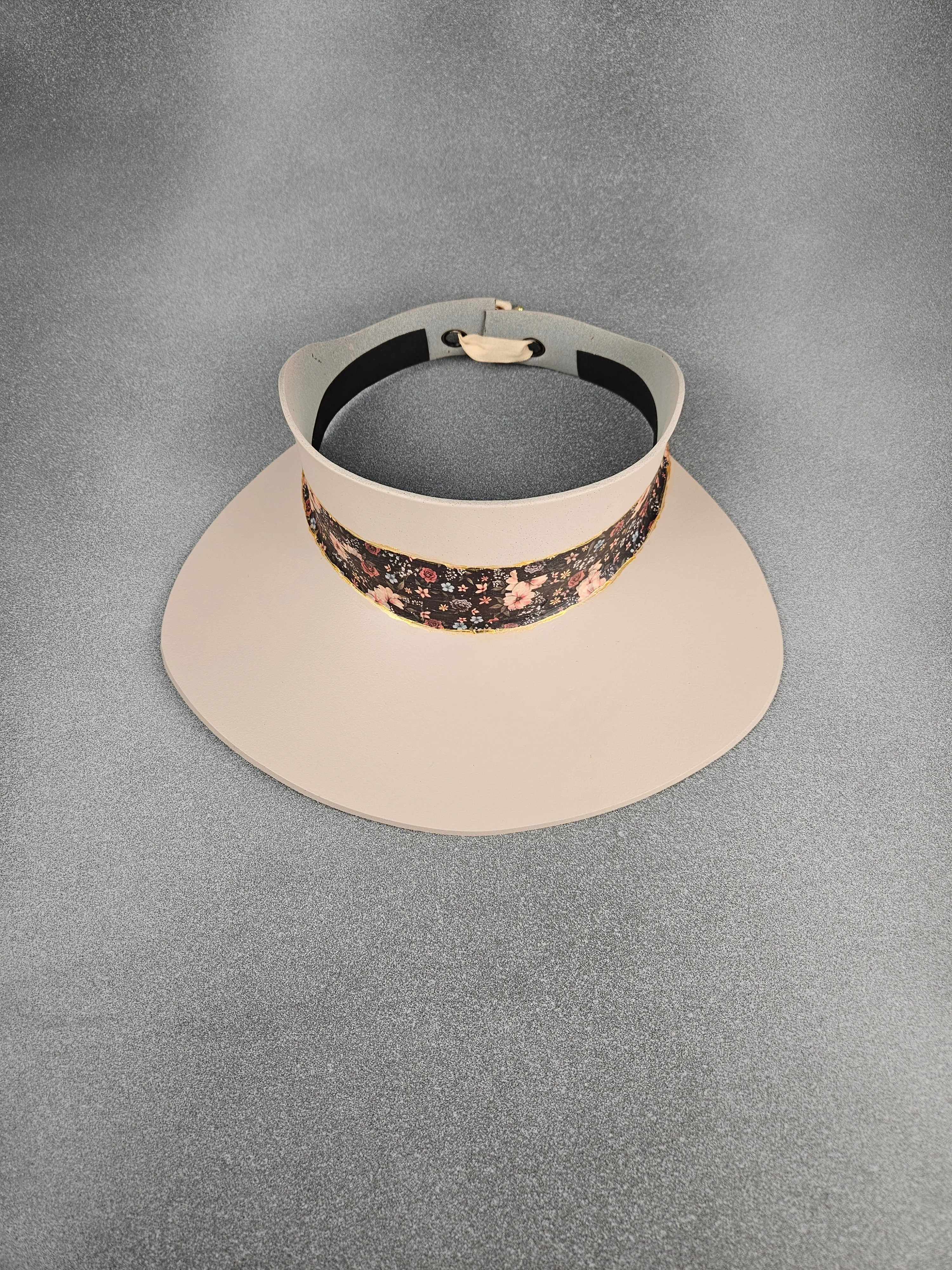 Tall Peachy Beige "LadyEVA" Visor Hat with Black Multicolor Floral Band