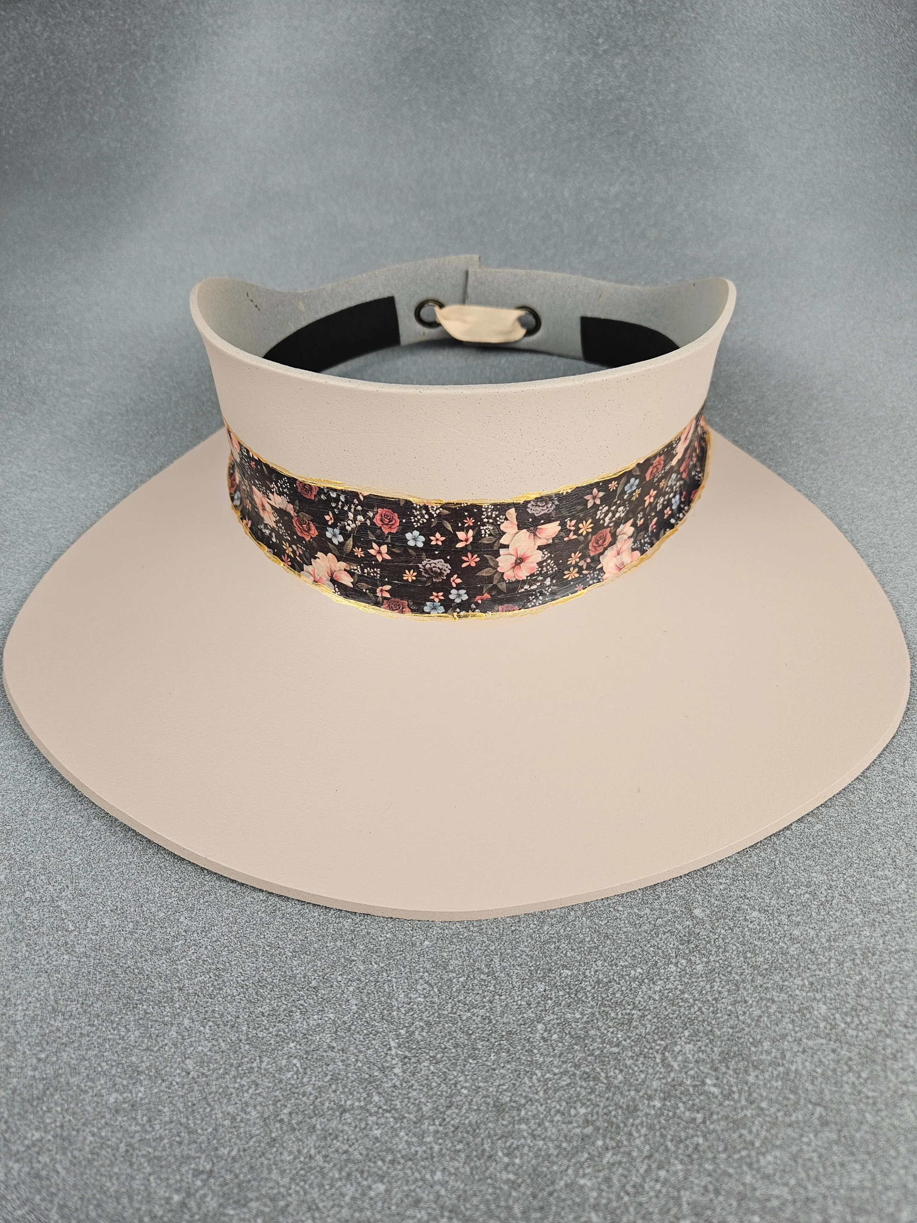 Tall Peachy Beige "LadyEVA" Visor Hat with Black Multicolor Floral Band