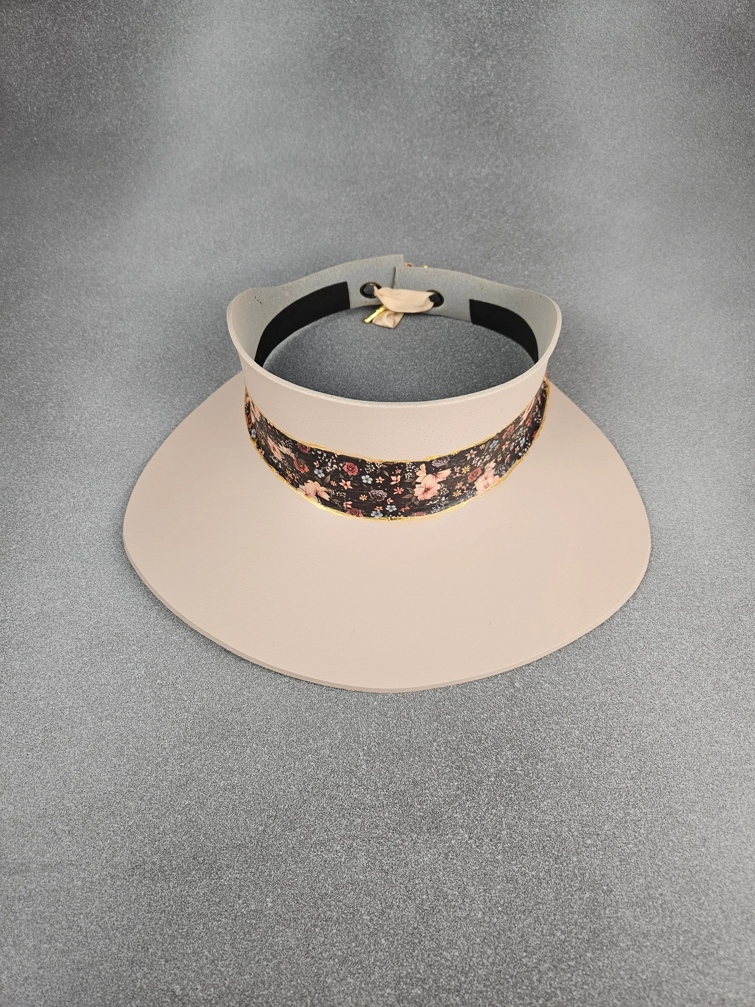 Tall Peachy Beige "LadyEVA" Visor Hat with Black Multicolor Floral Band