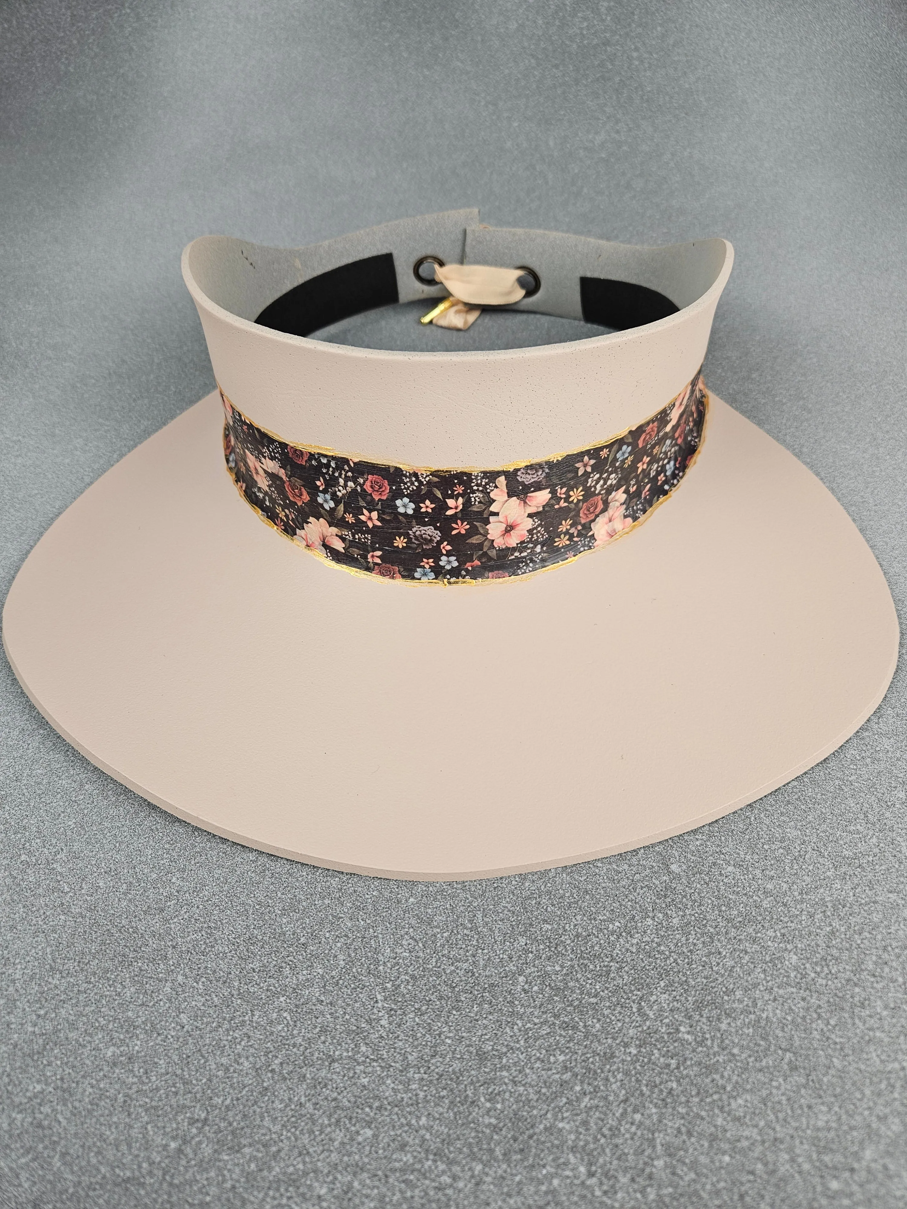 Tall Peachy Beige "LadyEVA" Visor Hat with Black Multicolor Floral Band