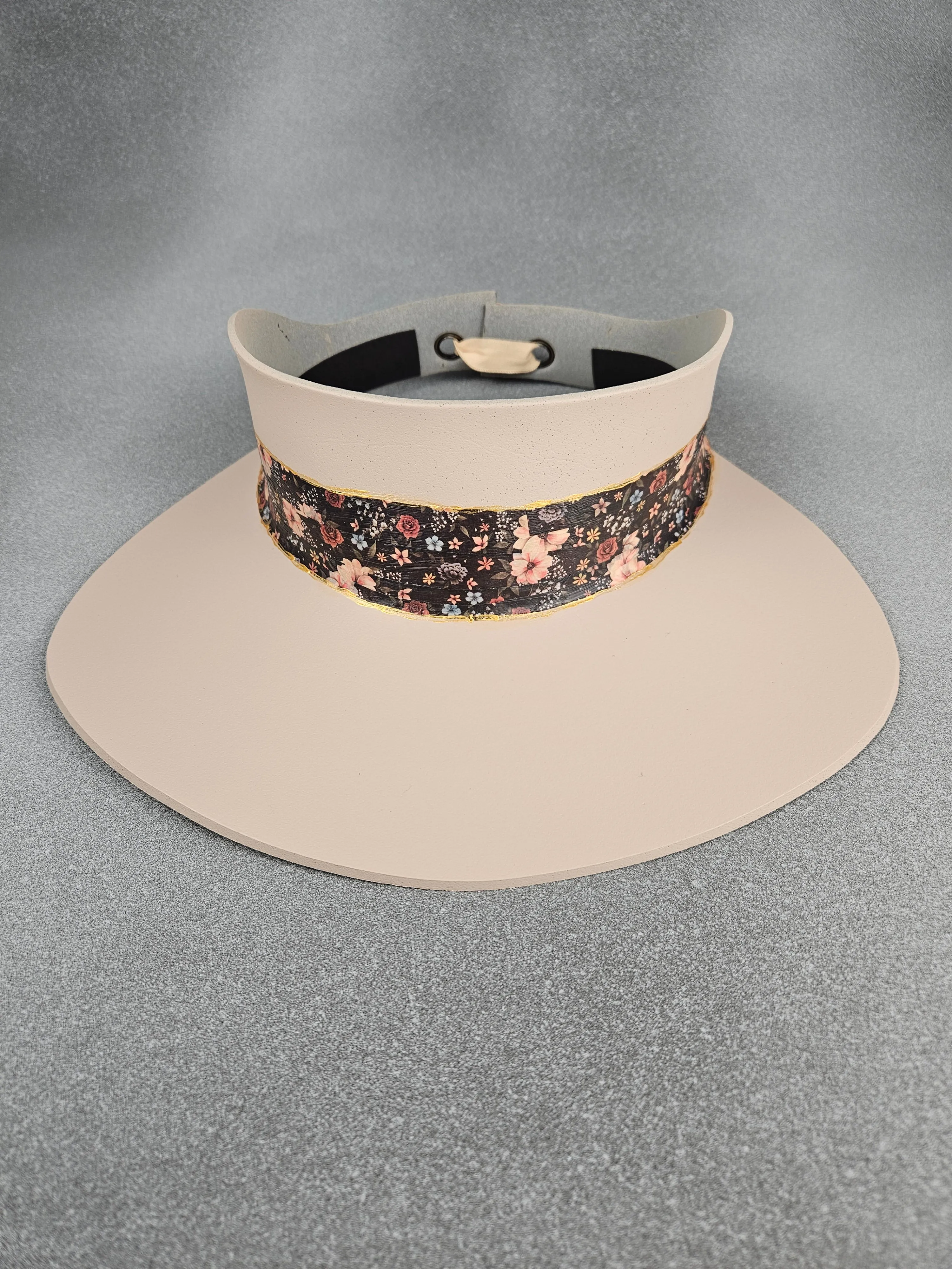 Tall Peachy Beige "LadyEVA" Visor Hat with Black Multicolor Floral Band