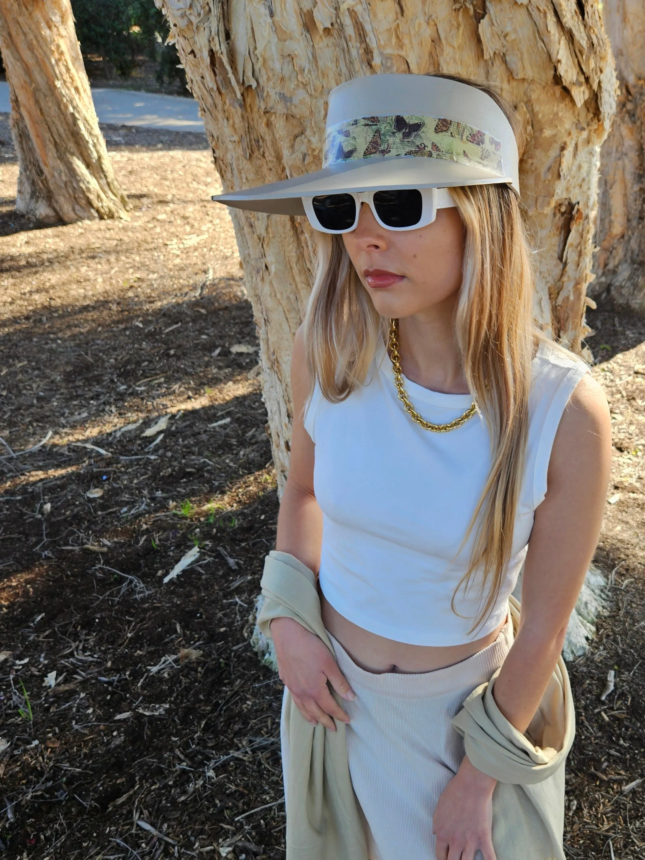 Tall Taupe "LadyEVA" Visor Hat with Neutral Butterfly Band and Silver Clamp