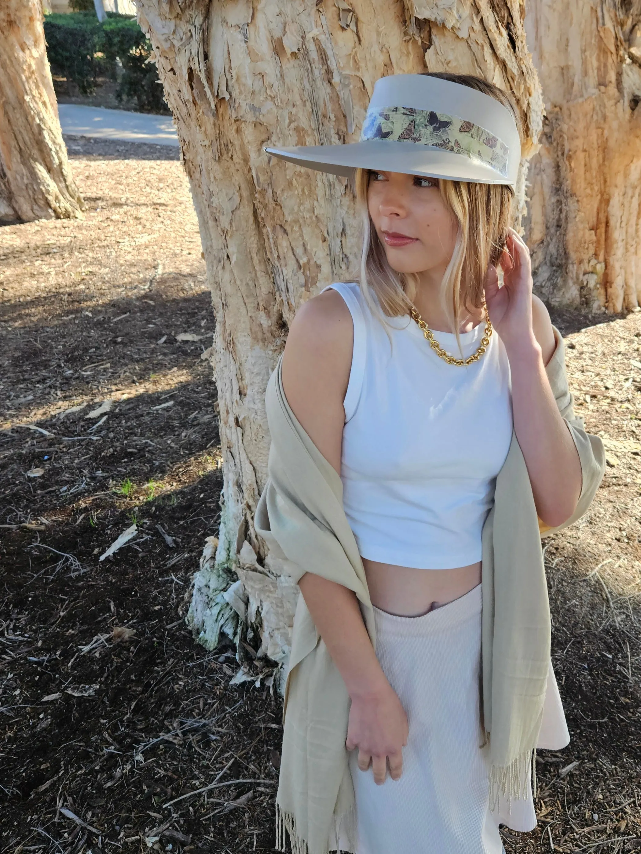 Tall Taupe "LadyEVA" Visor Hat with Neutral Butterfly Band and Silver Clamp