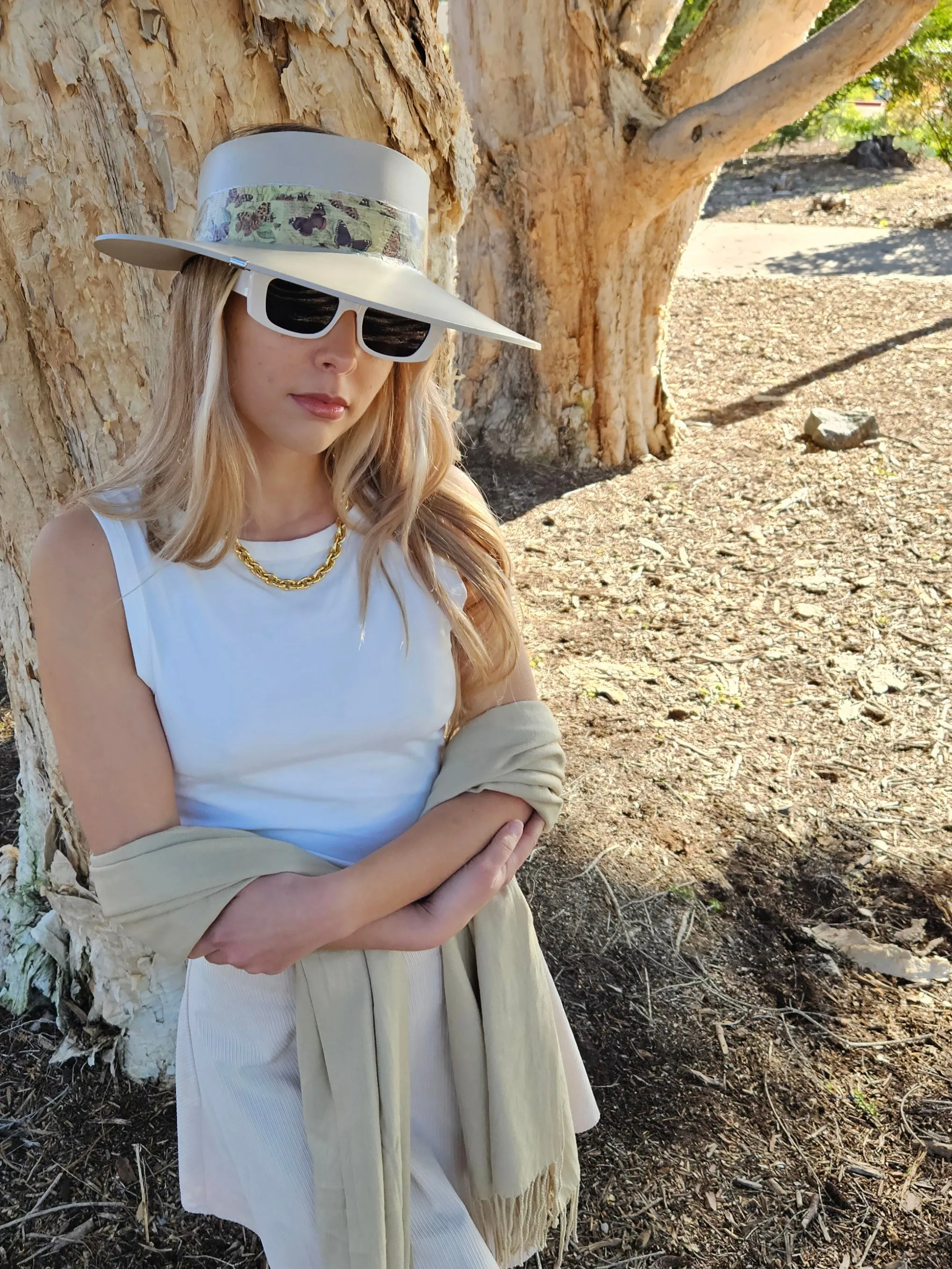 Tall Taupe "LadyEVA" Visor Hat with Neutral Butterfly Band and Silver Clamp