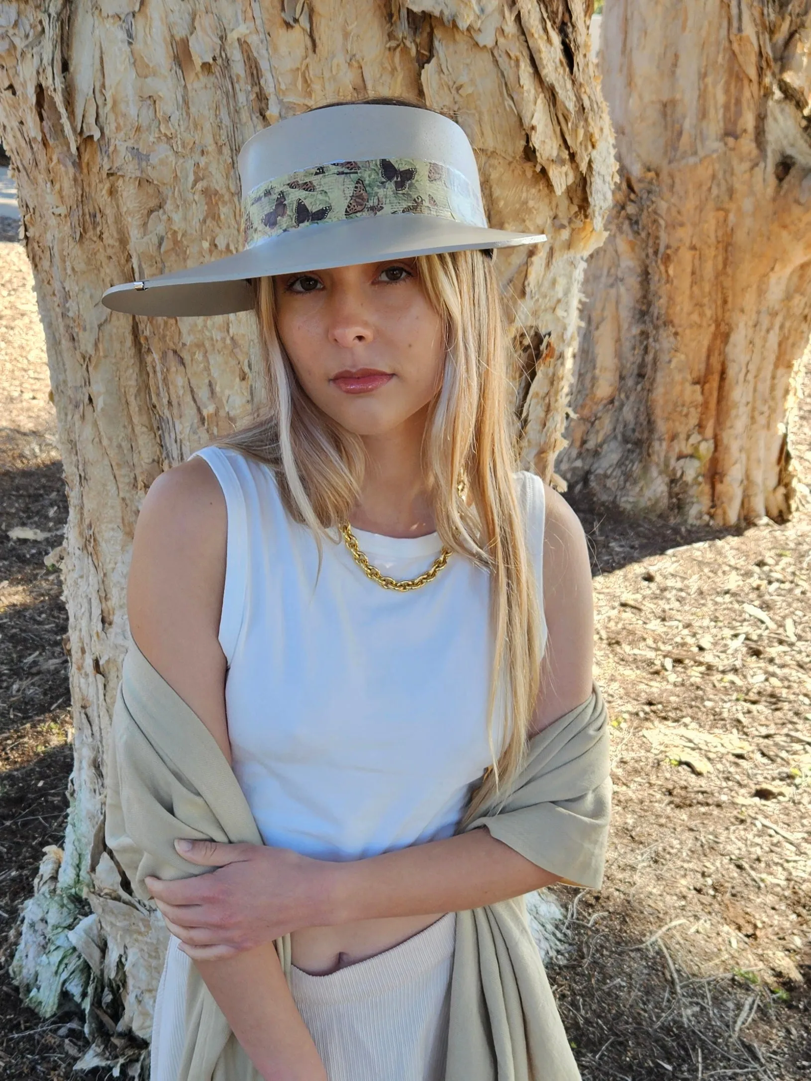 Tall Taupe "LadyEVA" Visor Hat with Neutral Butterfly Band and Silver Clamp