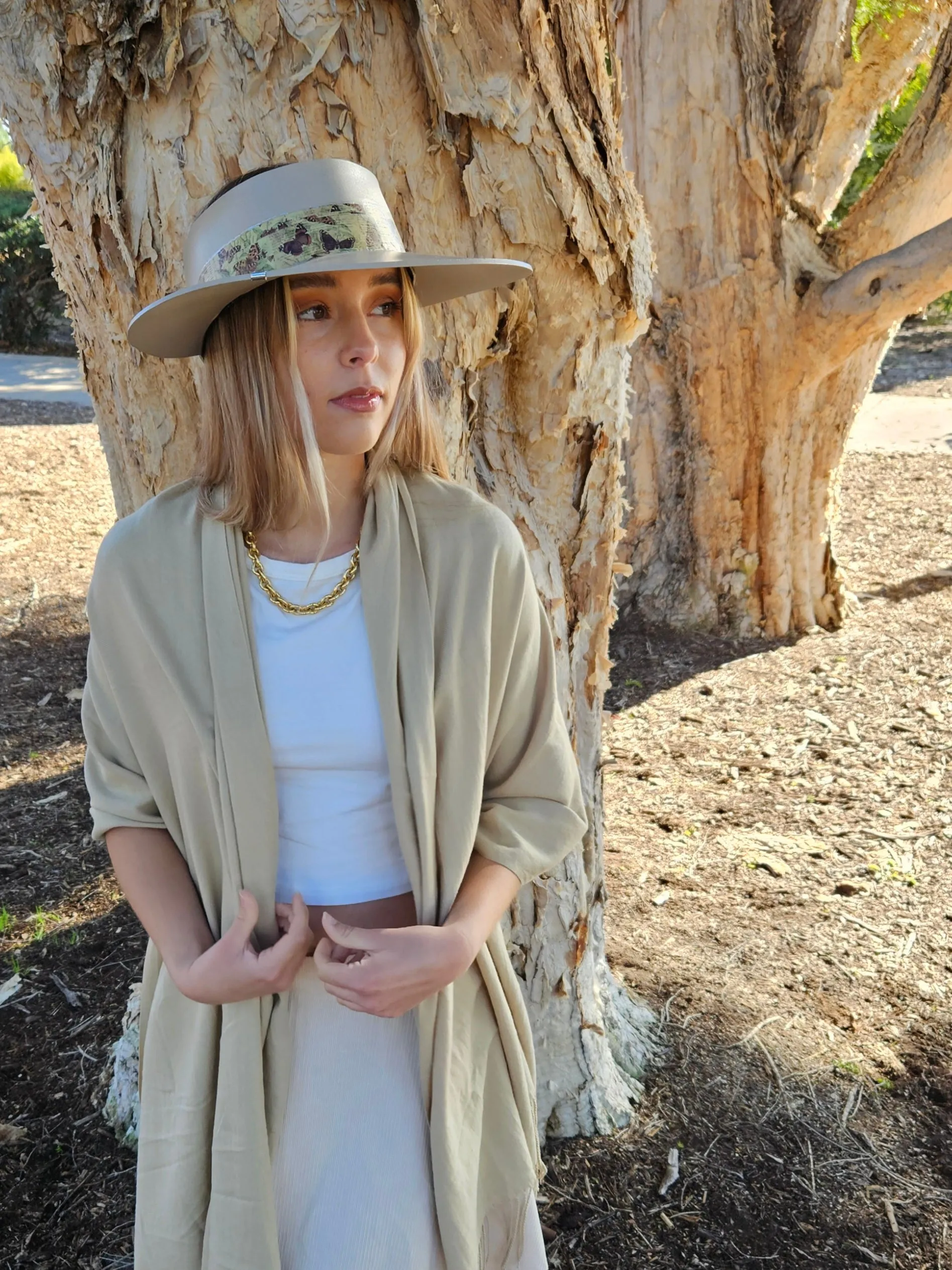 Tall Taupe "LadyEVA" Visor Hat with Neutral Butterfly Band and Silver Clamp