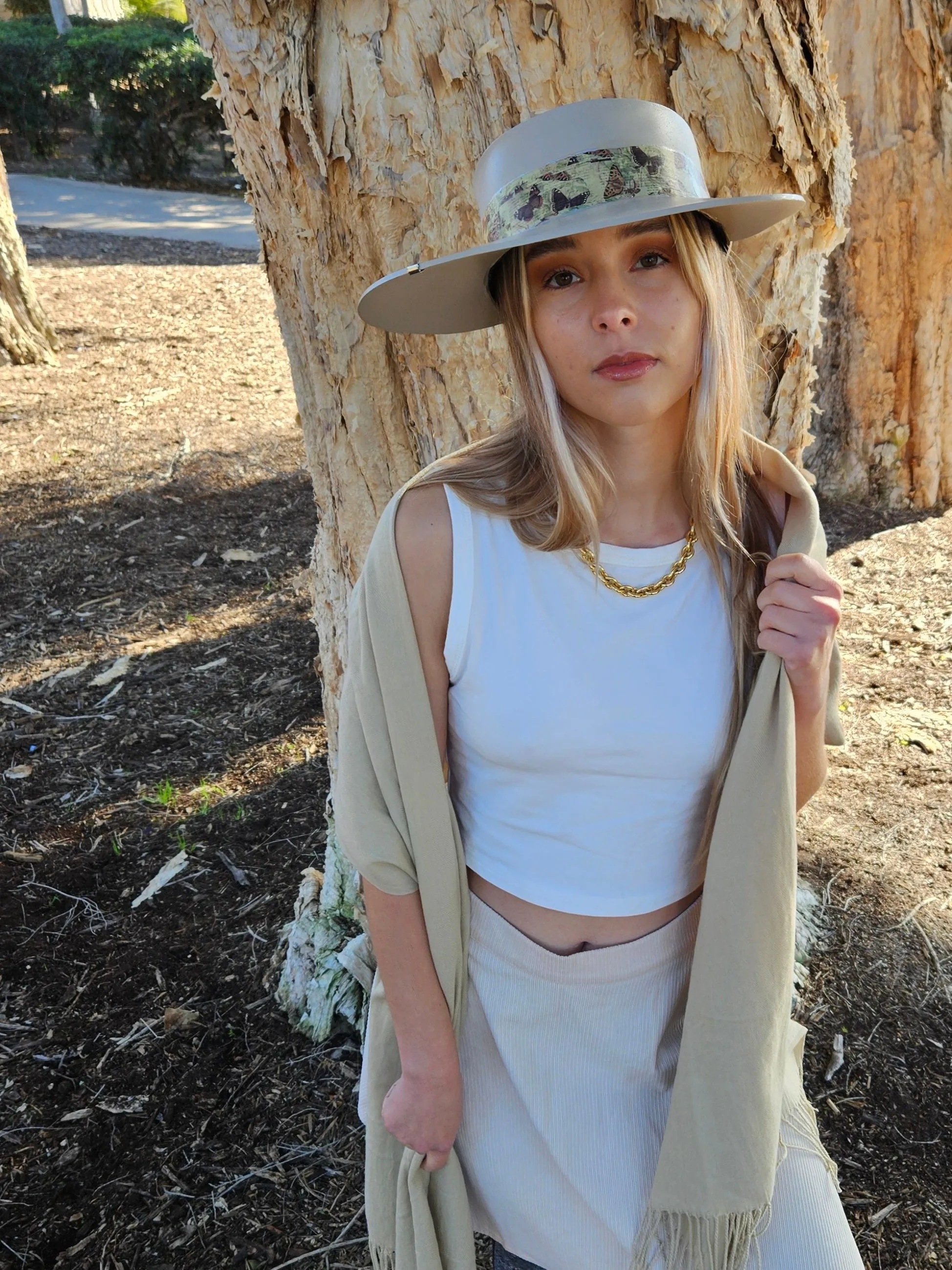 Tall Taupe "LadyEVA" Visor Hat with Neutral Butterfly Band and Silver Clamp