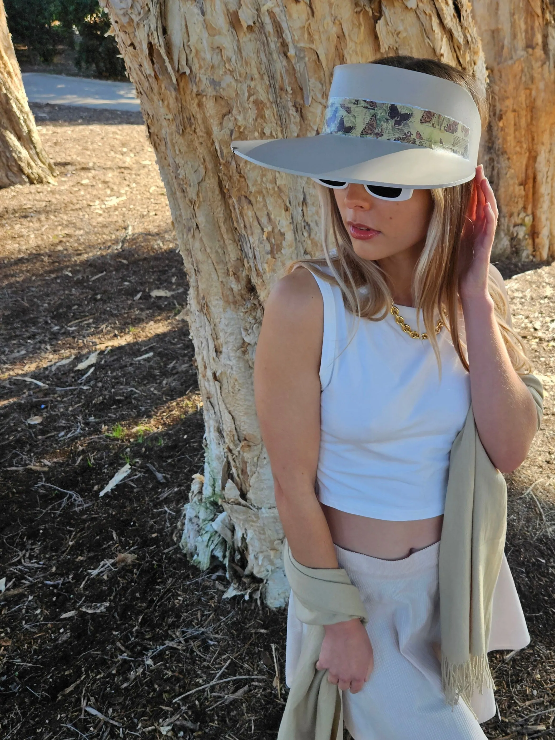 Tall Taupe "LadyEVA" Visor Hat with Neutral Butterfly Band and Silver Clamp