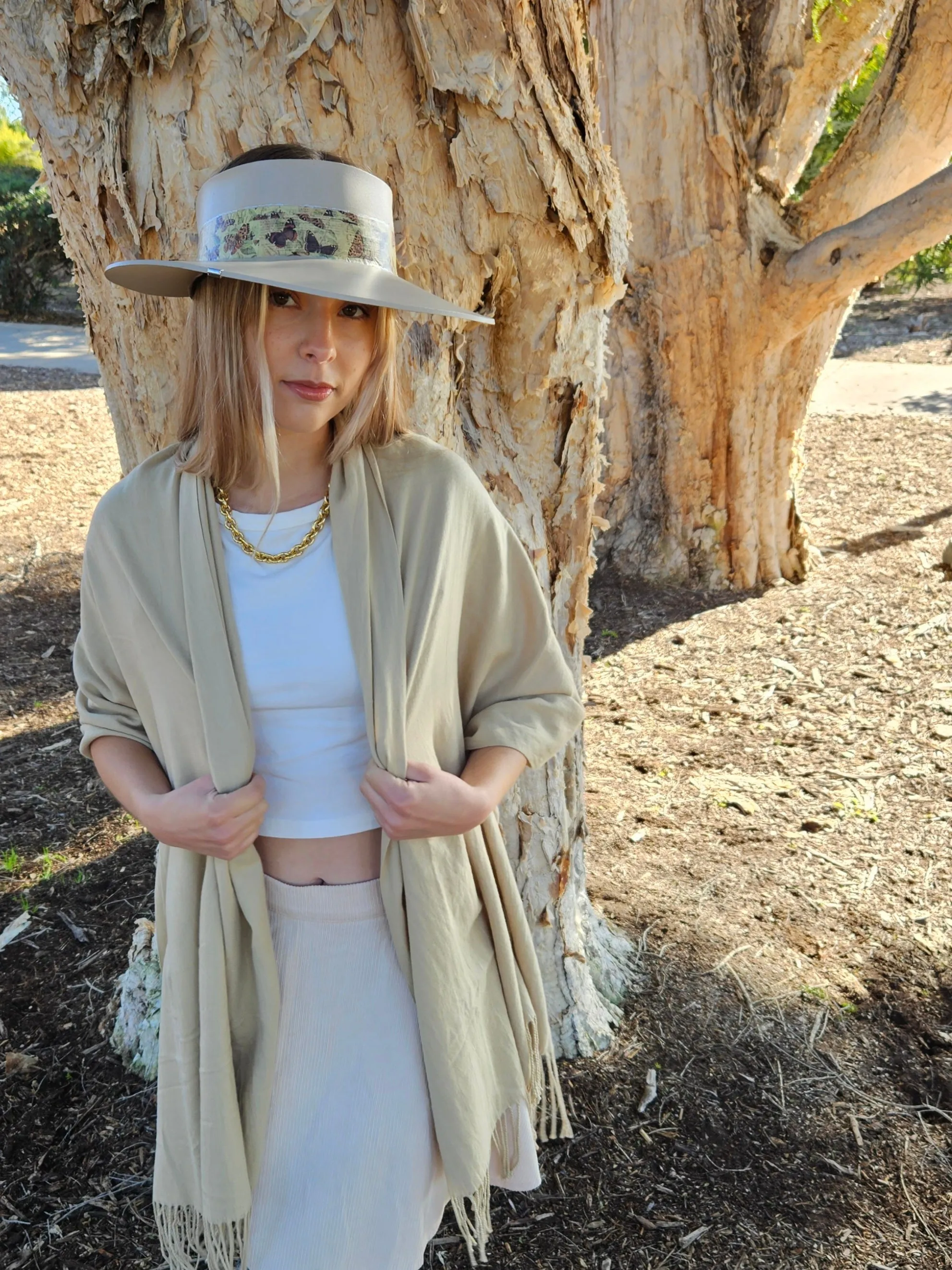 Tall Taupe "LadyEVA" Visor Hat with Neutral Butterfly Band and Silver Clamp