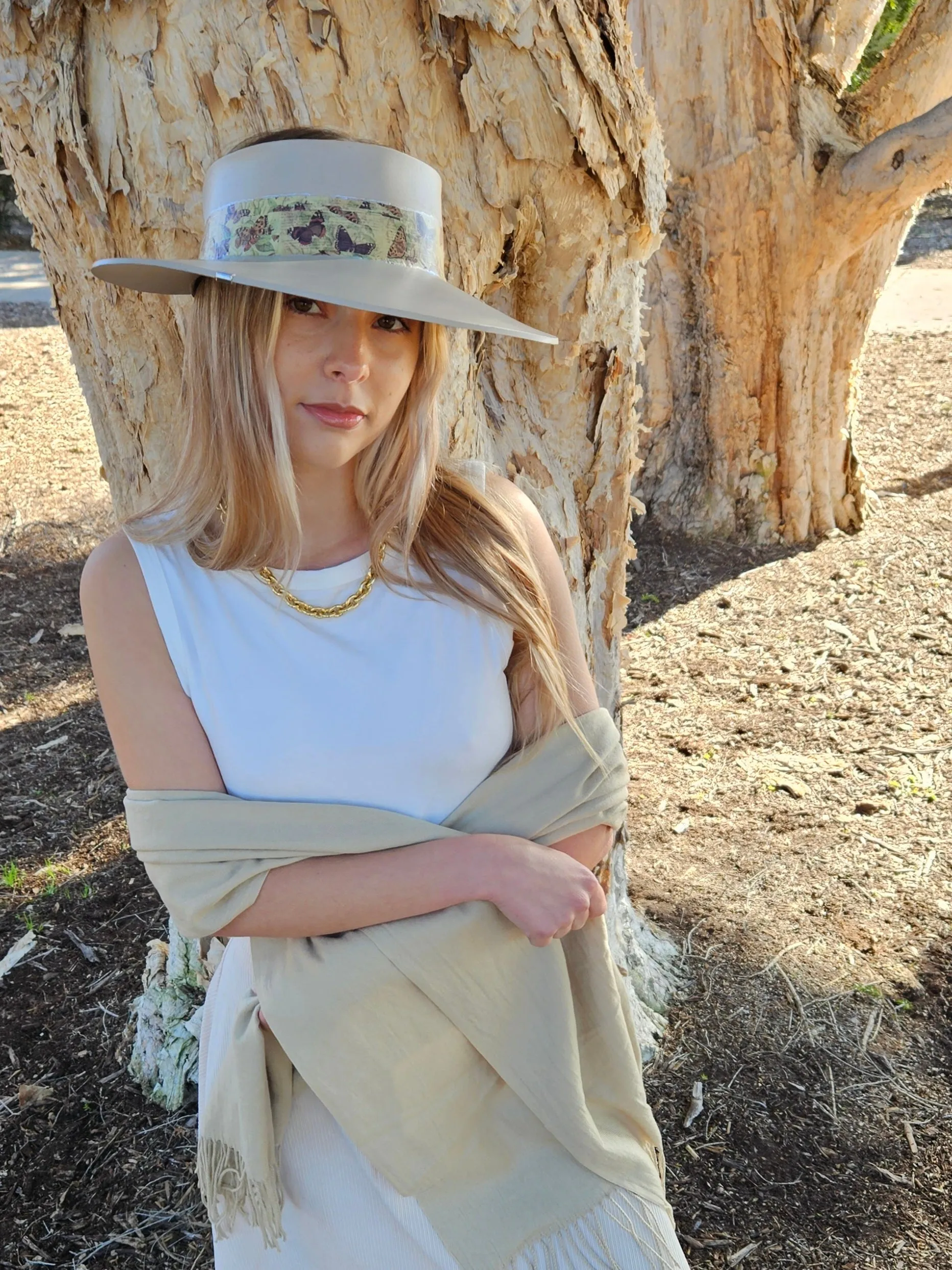 Tall Taupe "LadyEVA" Visor Hat with Neutral Butterfly Band and Silver Clamp