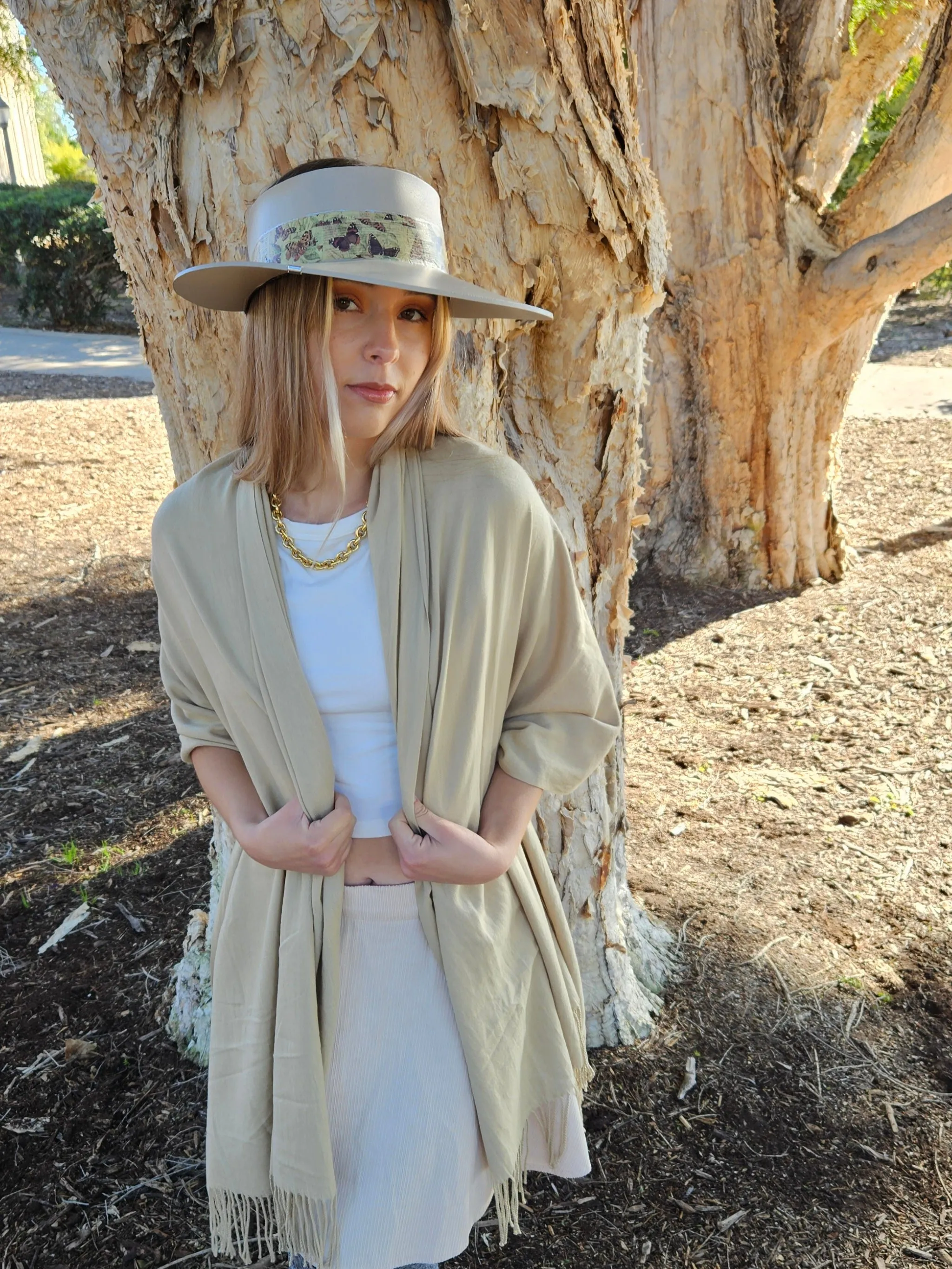 Tall Taupe "LadyEVA" Visor Hat with Neutral Butterfly Band and Silver Clamp