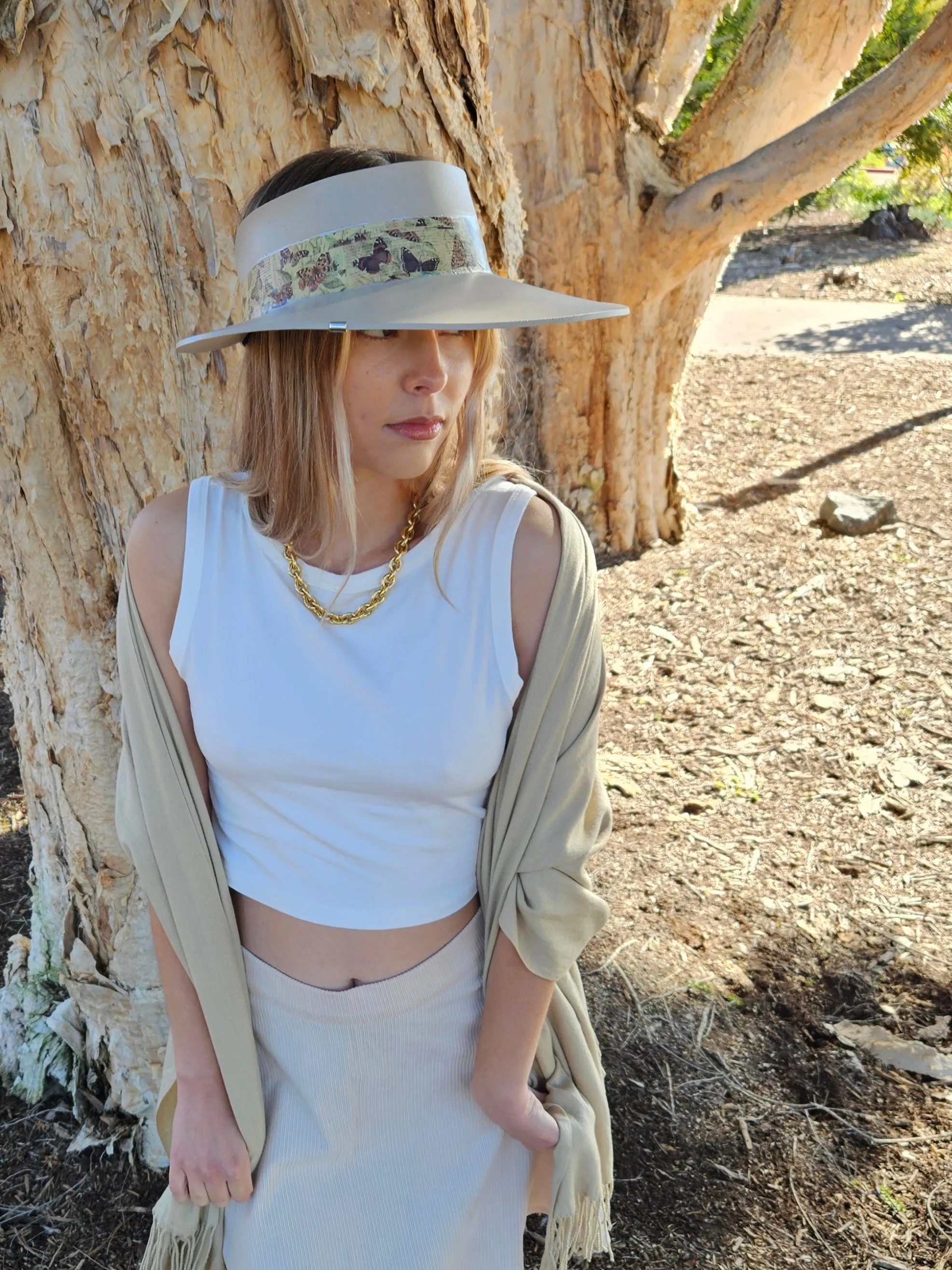 Tall Taupe "LadyEVA" Visor Hat with Neutral Butterfly Band and Silver Clamp