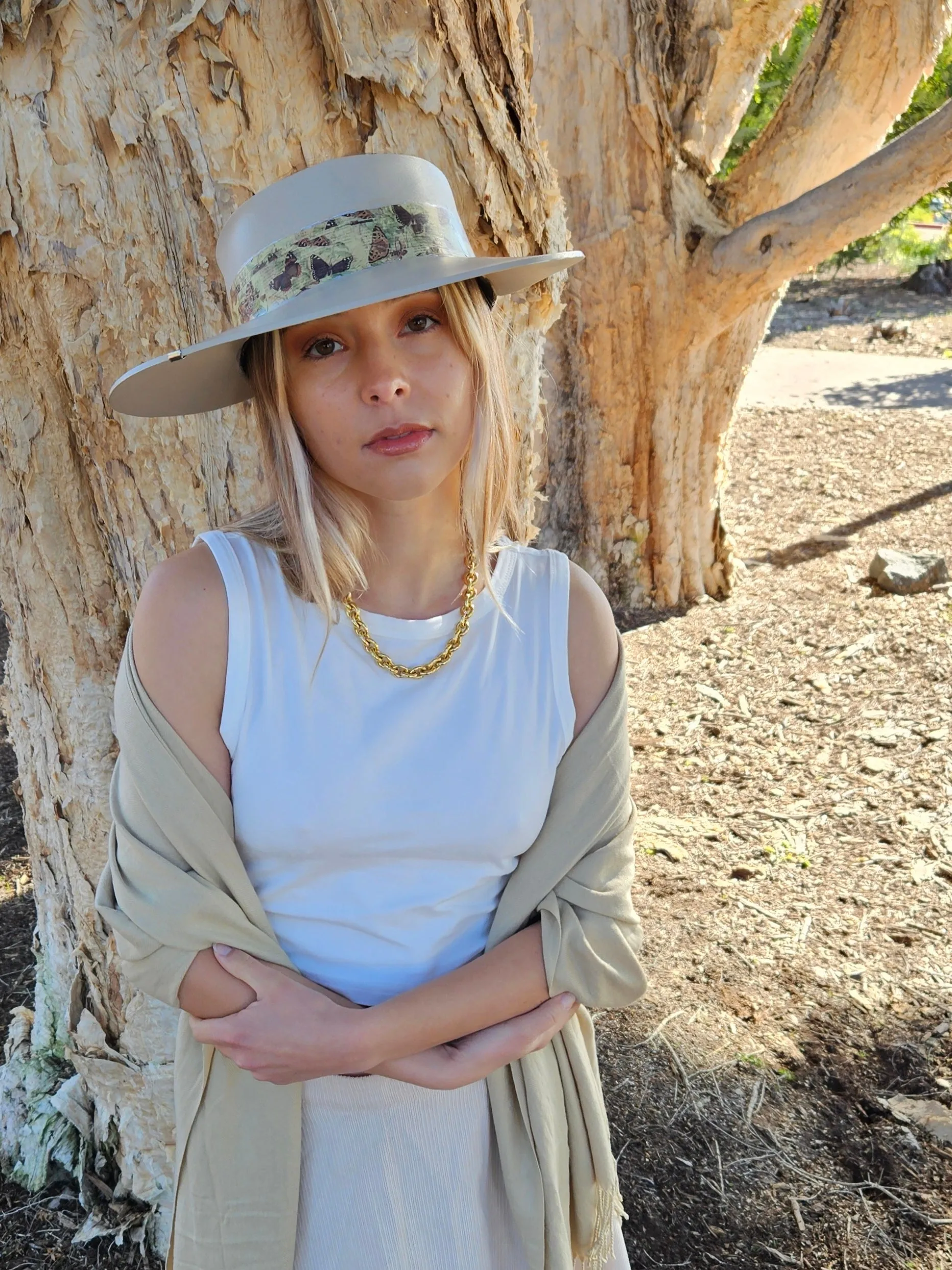 Tall Taupe "LadyEVA" Visor Hat with Neutral Butterfly Band and Silver Clamp