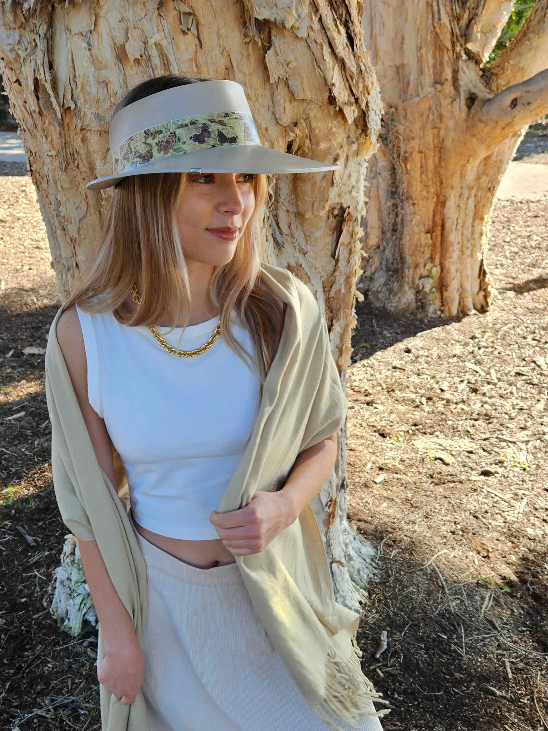 Tall Taupe "LadyEVA" Visor Hat with Neutral Butterfly Band and Silver Clamp