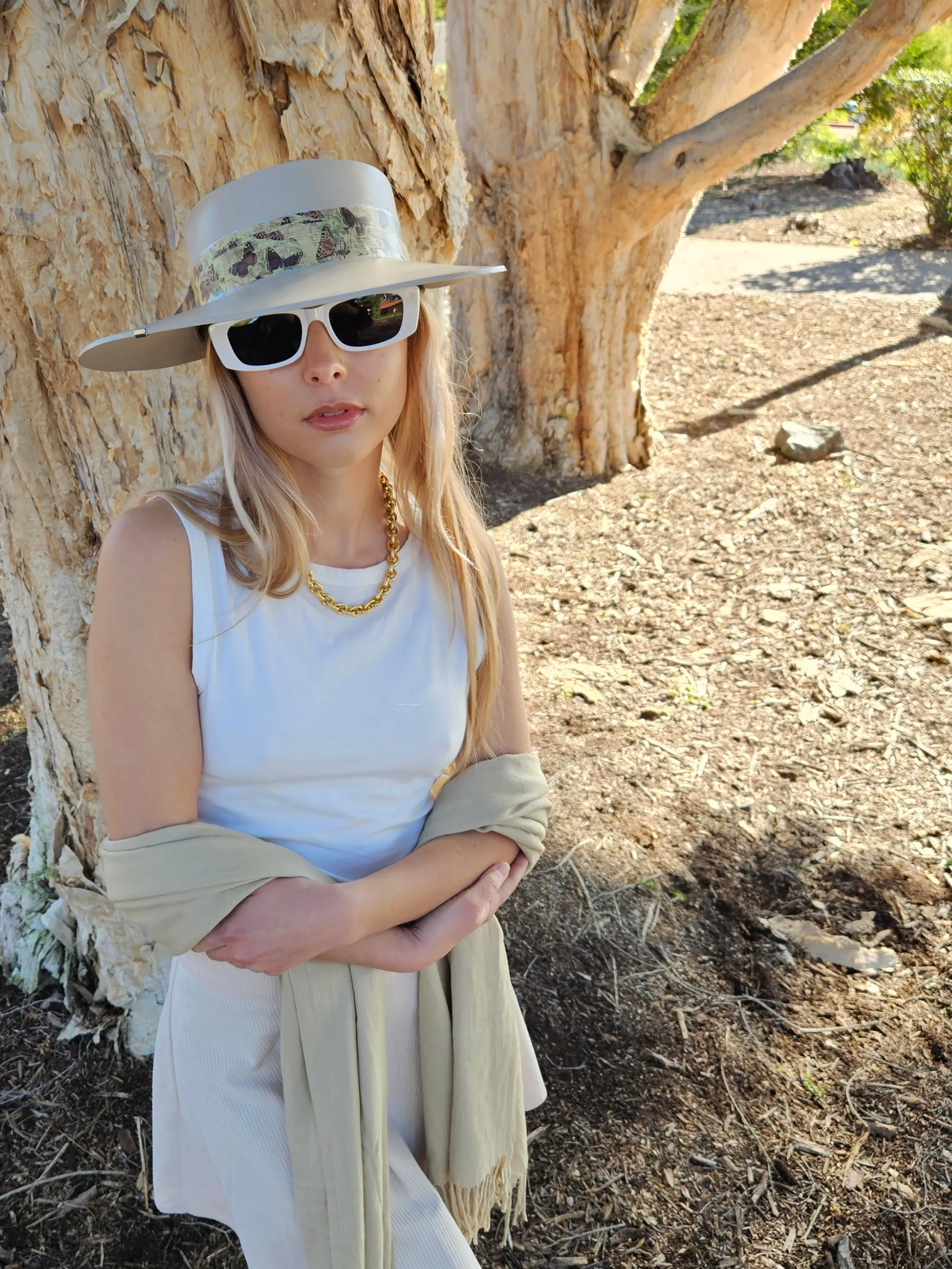 Tall Taupe "LadyEVA" Visor Hat with Neutral Butterfly Band and Silver Clamp