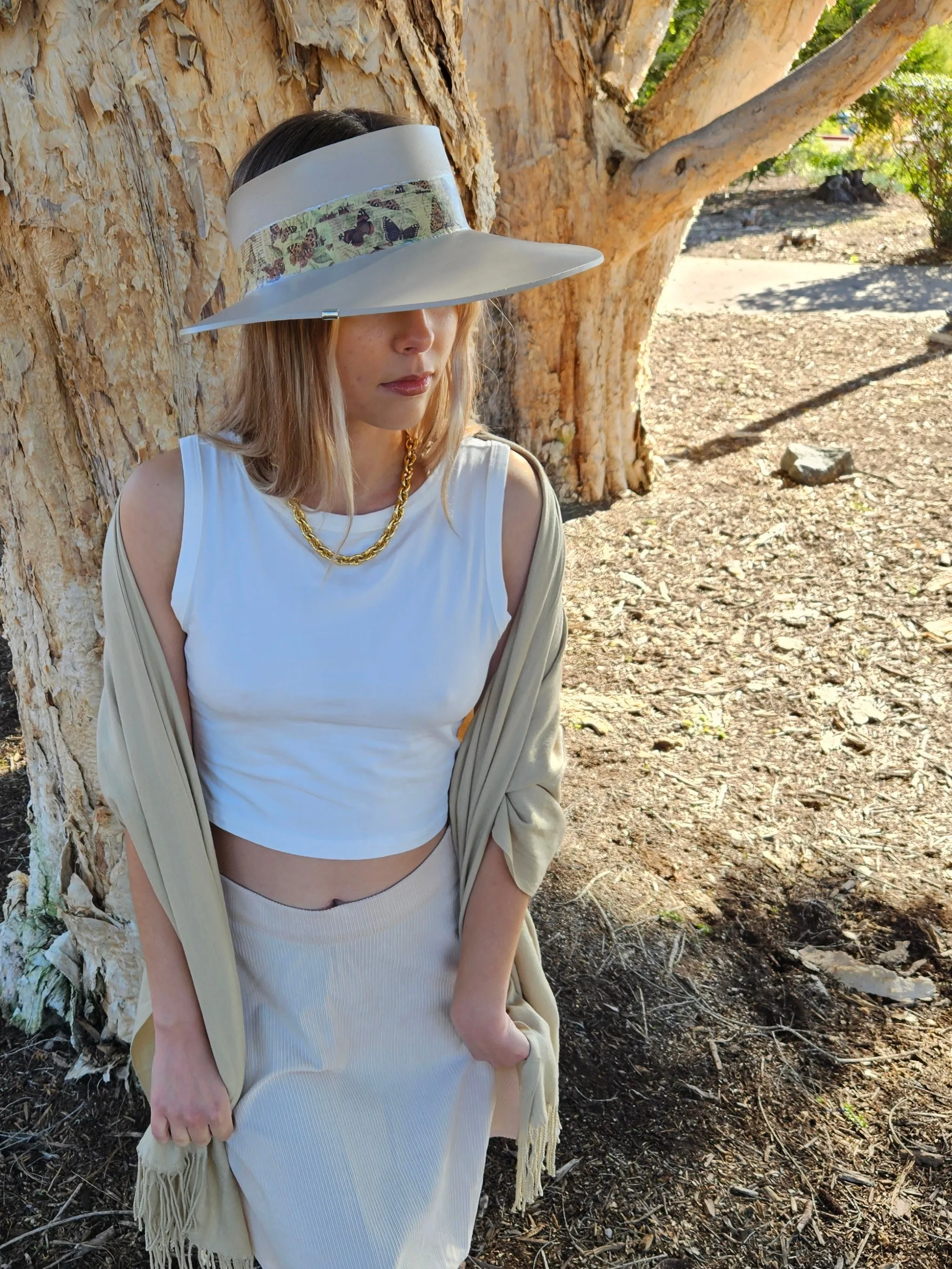 Tall Taupe "LadyEVA" Visor Hat with Neutral Butterfly Band and Silver Clamp