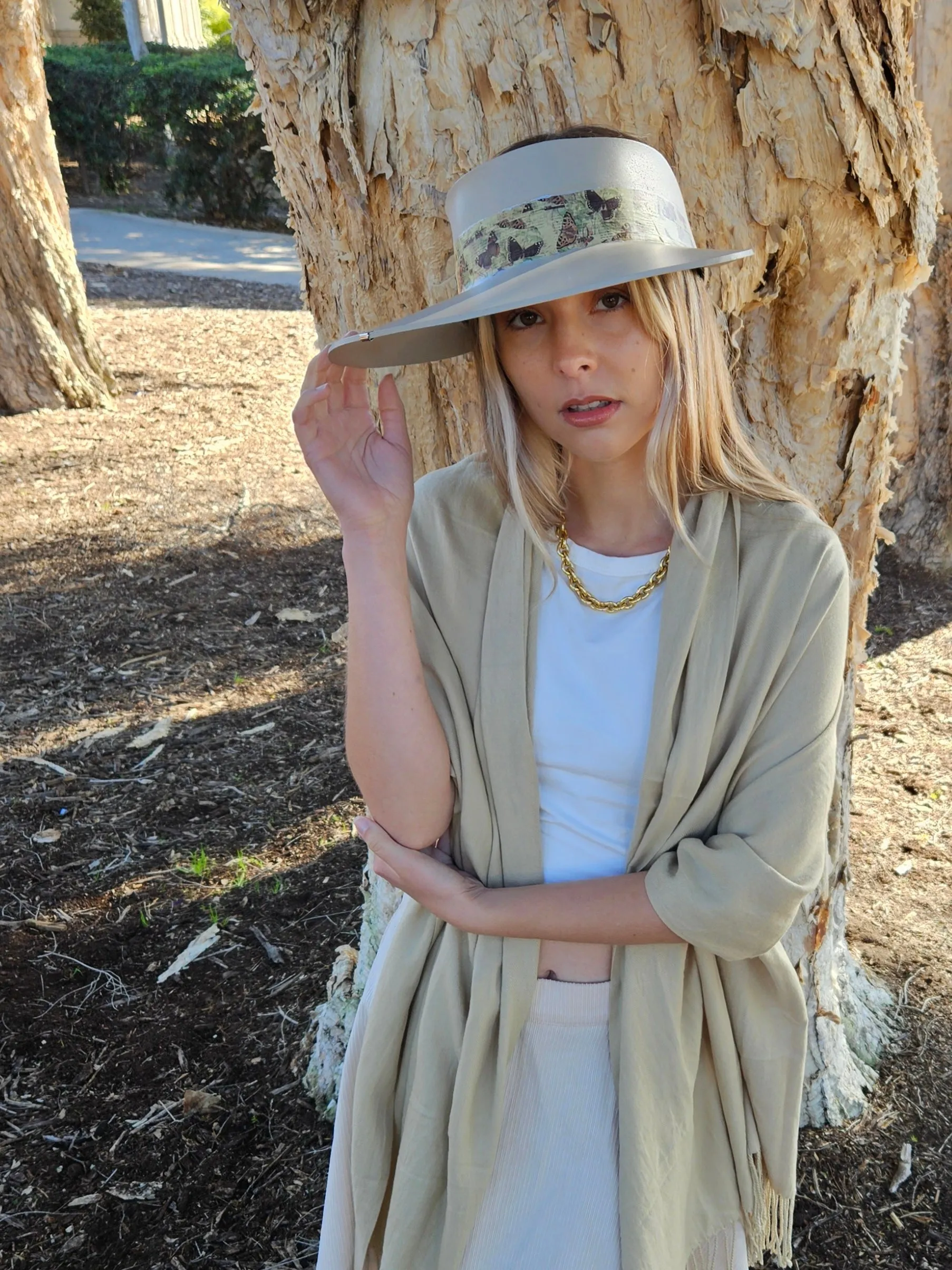 Tall Taupe "LadyEVA" Visor Hat with Neutral Butterfly Band and Silver Clamp