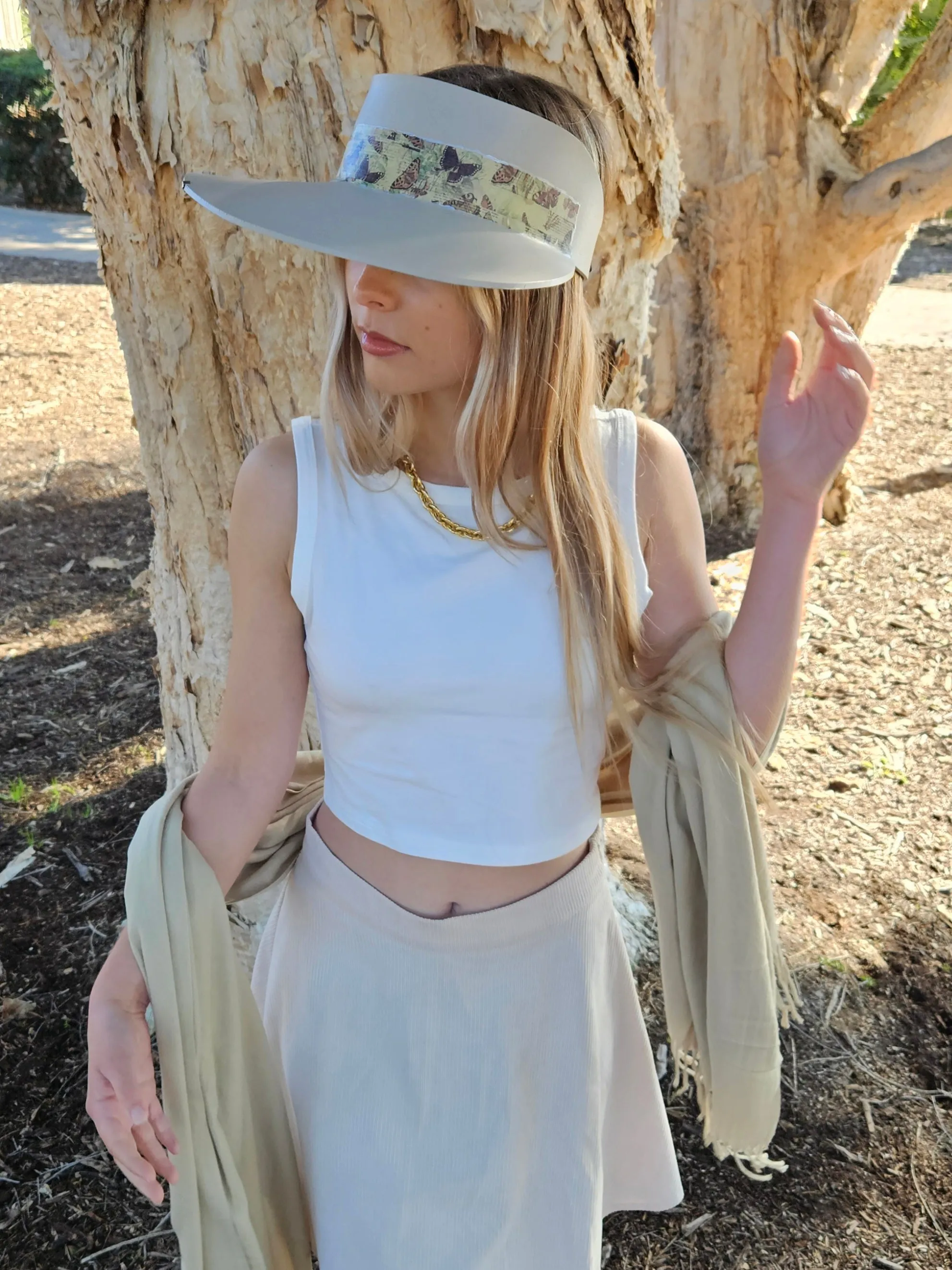 Tall Taupe "LadyEVA" Visor Hat with Neutral Butterfly Band and Silver Clamp