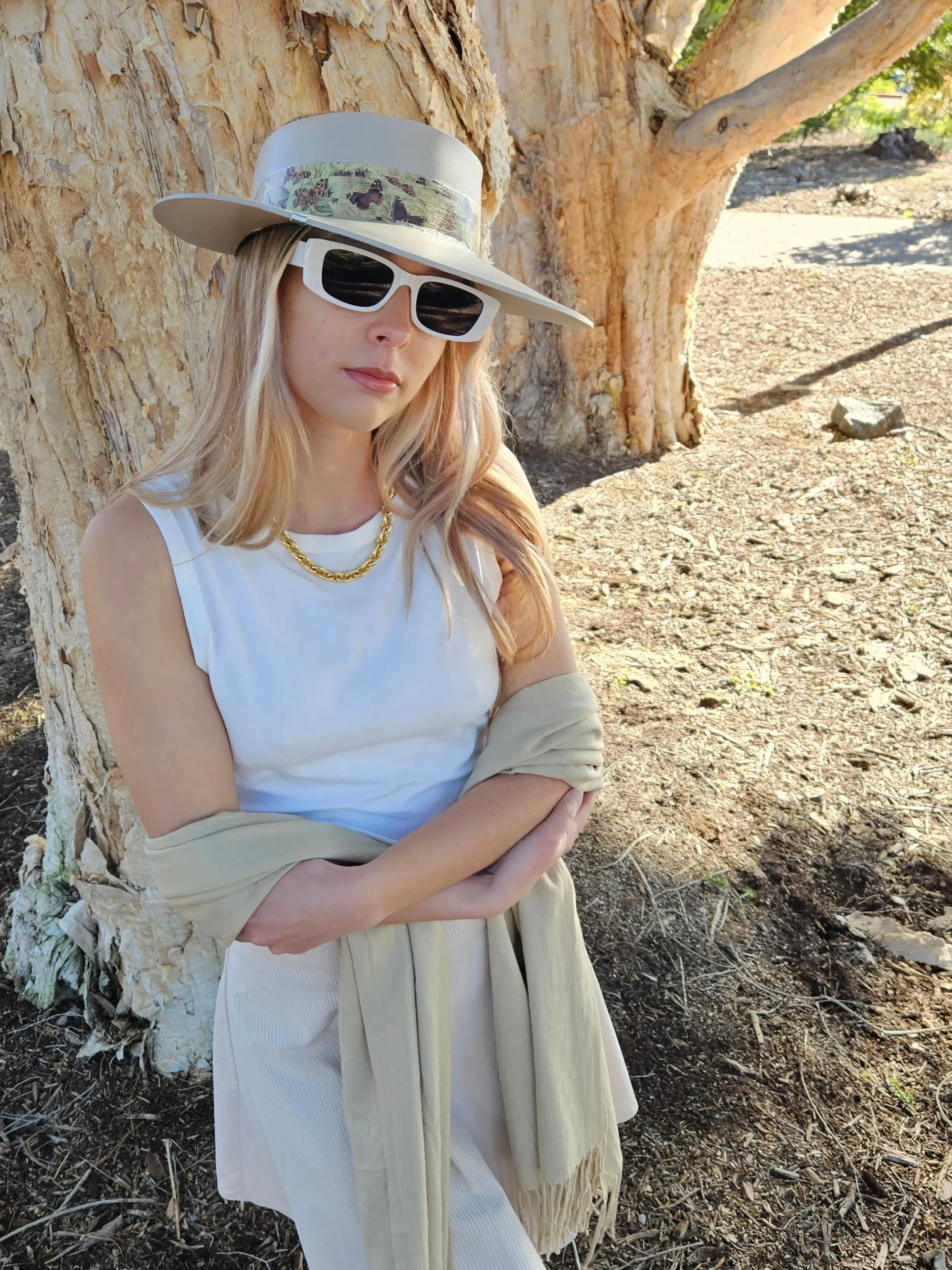 Tall Taupe "LadyEVA" Visor Hat with Neutral Butterfly Band and Silver Clamp