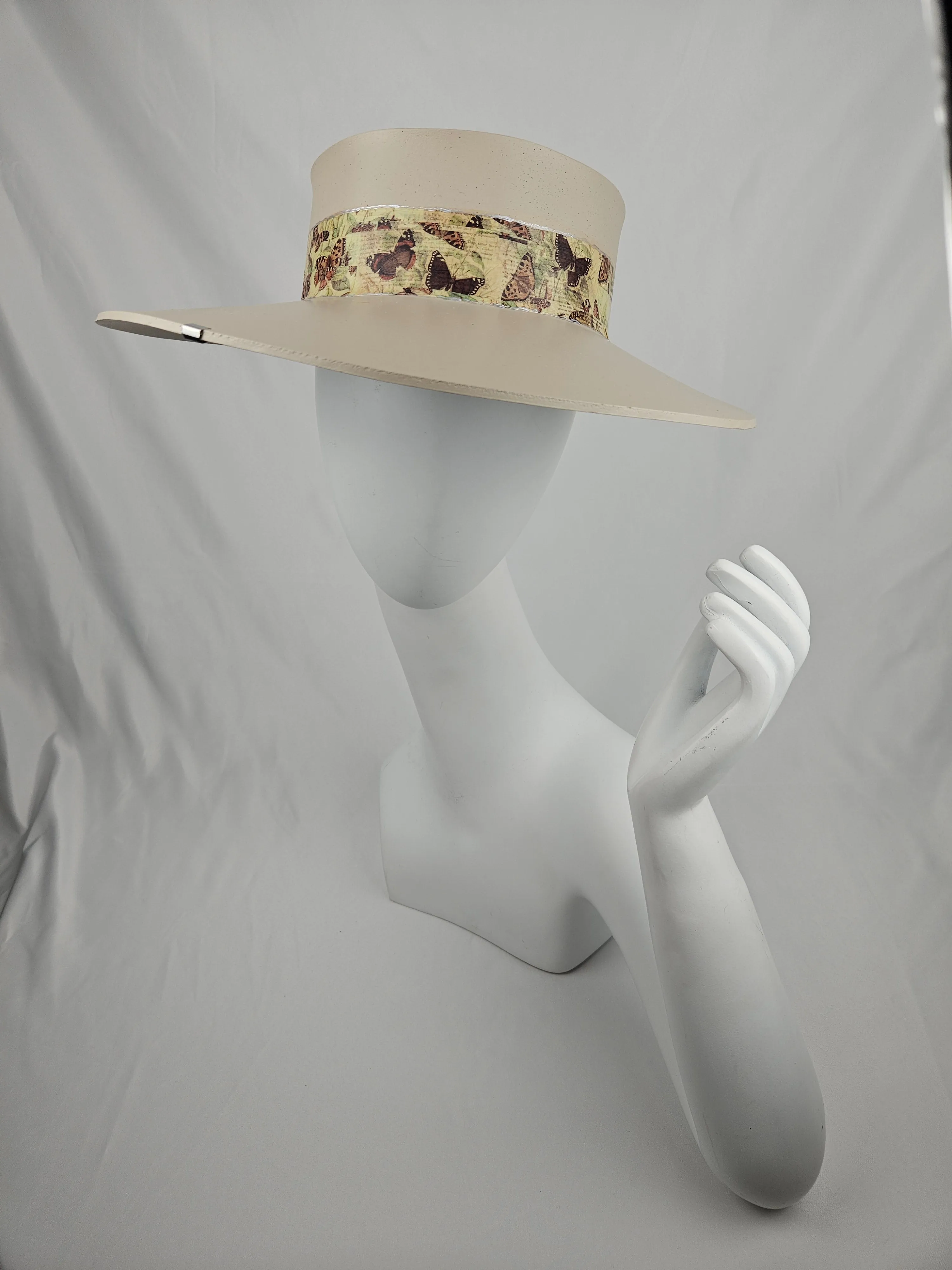 Tall Taupe "LadyEVA" Visor Hat with Neutral Butterfly Band and Silver Clamp