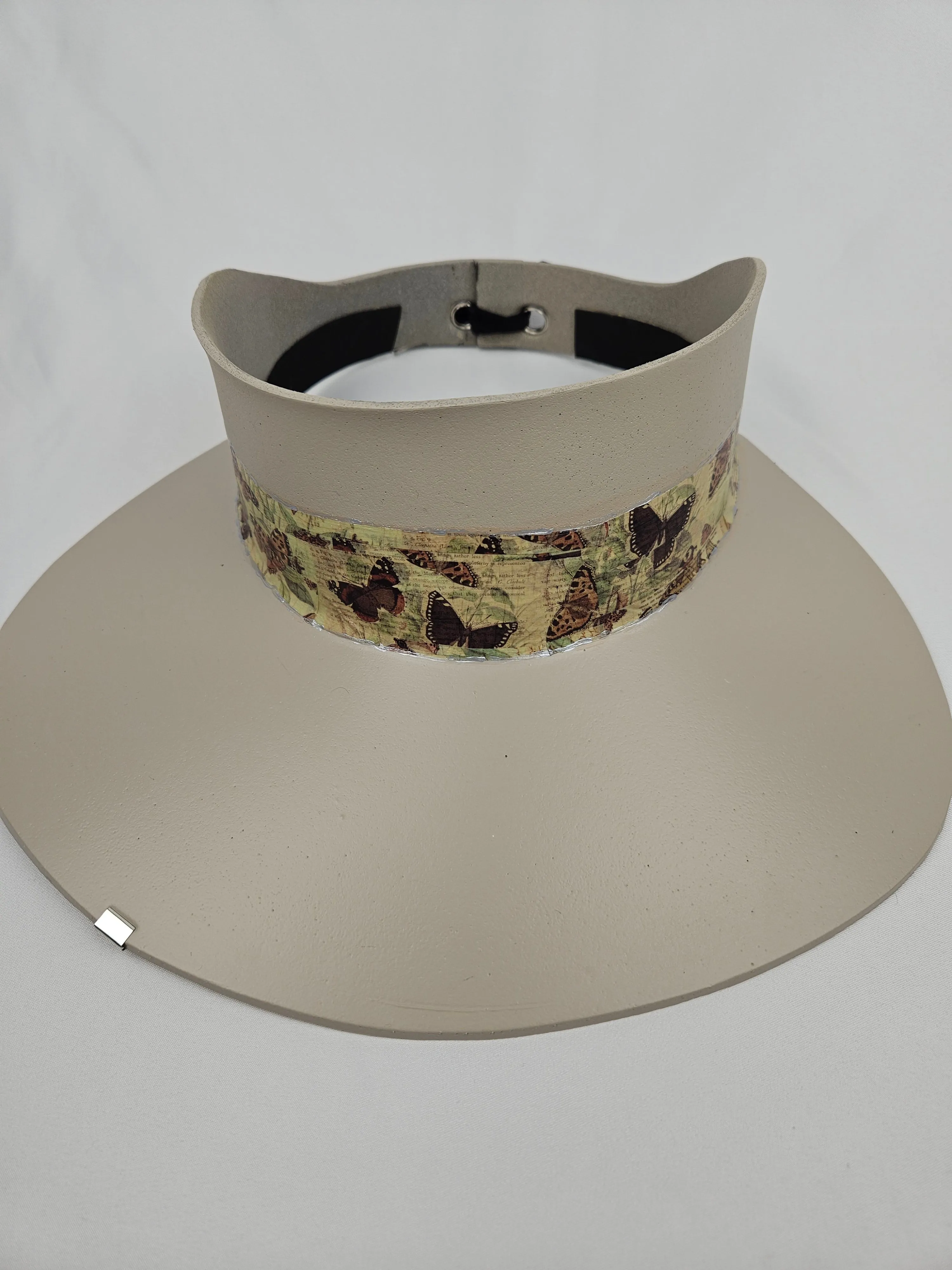 Tall Taupe "LadyEVA" Visor Hat with Neutral Butterfly Band and Silver Clamp