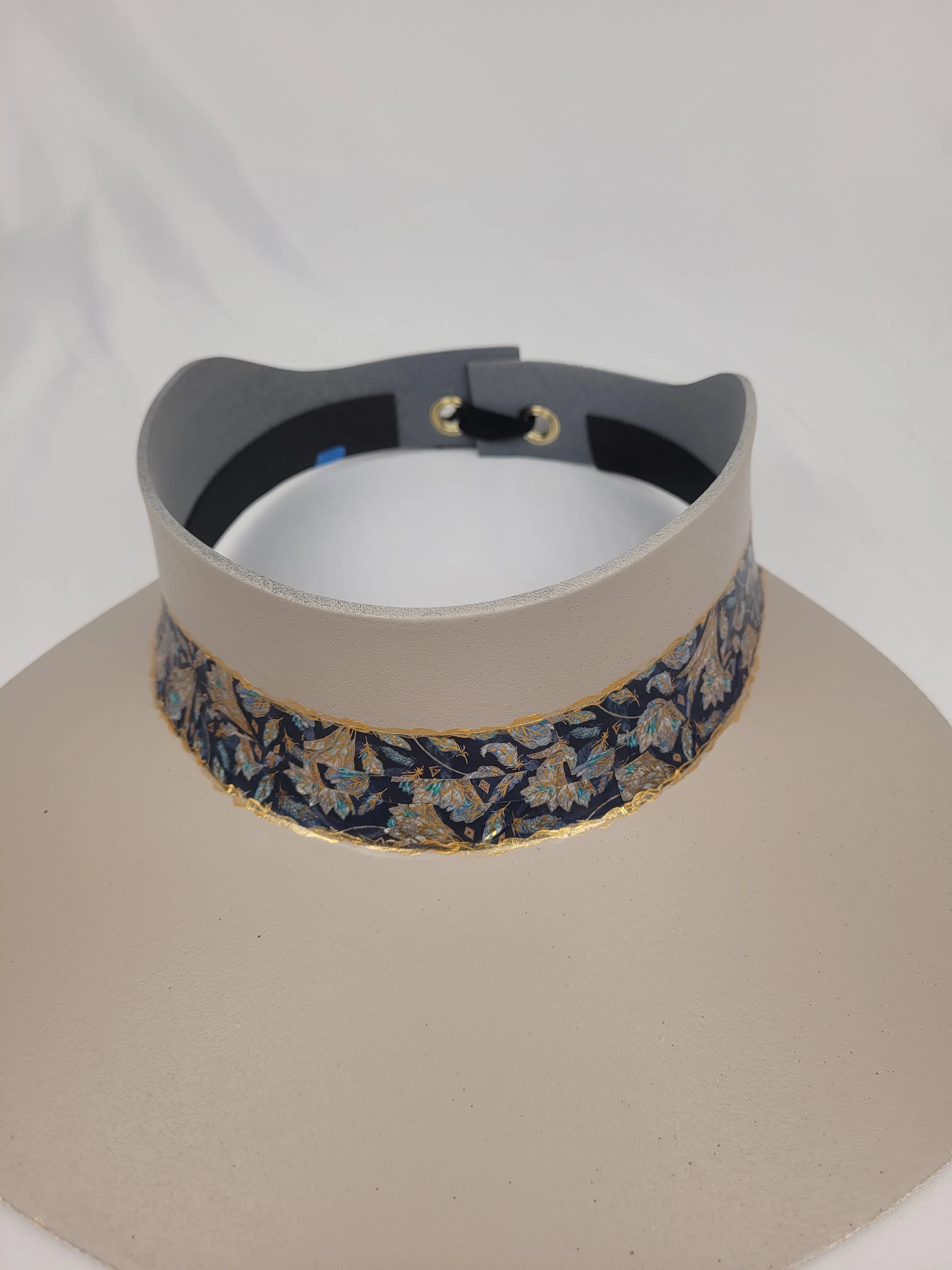 Taupe "LadyEVA" Visor Hat with Elegant Navy and Gold Band