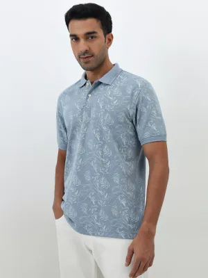 WES Casuals Dusty Blue Leaf Design Relaxed-Fit Cotton-Blend Polo T-Shirt