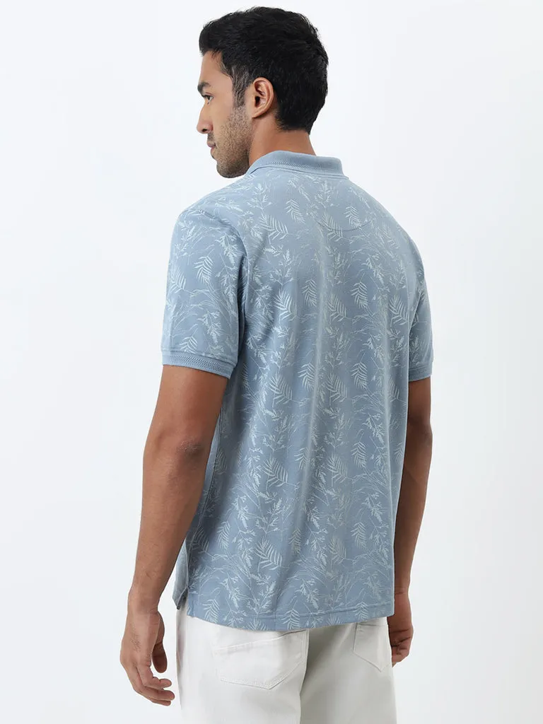 WES Casuals Dusty Blue Leaf Design Relaxed-Fit Cotton-Blend Polo T-Shirt